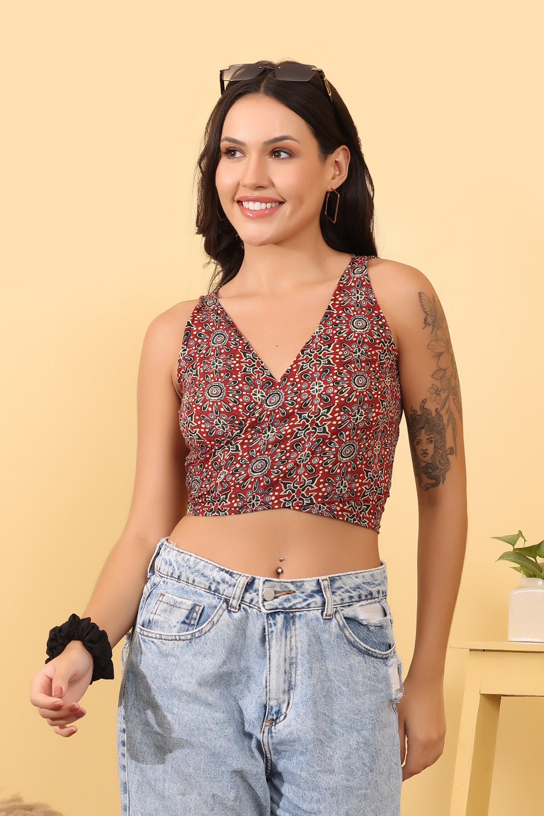 Women’s Red Printed Crop Top | Sleeveless V-Neck Stylish Top