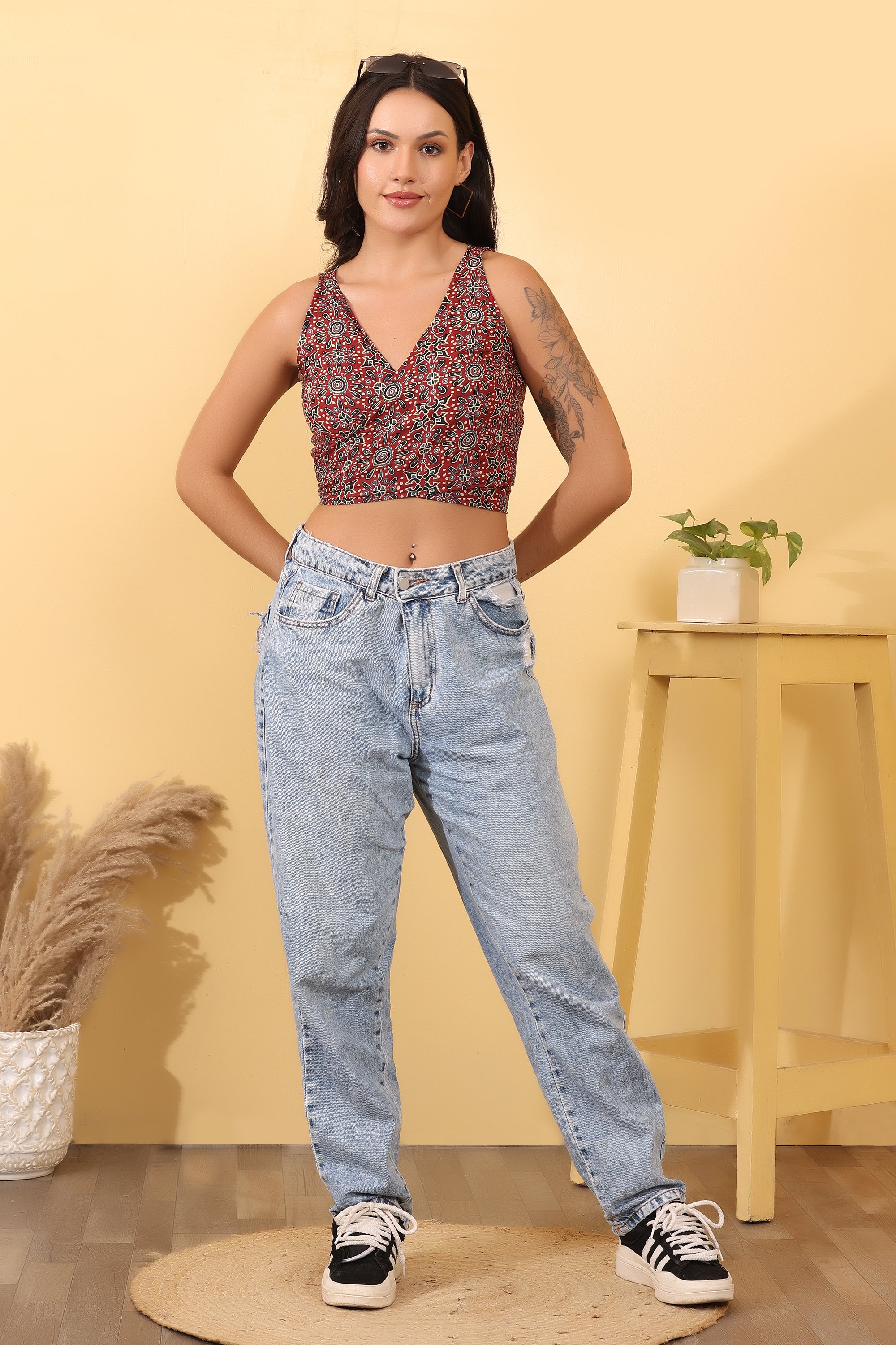 Women’s Red Printed Crop Top | Sleeveless V-Neck Stylish Top