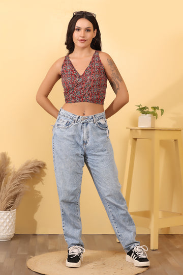 Women’s Red Printed Crop Top | Sleeveless V-Neck Stylish Top