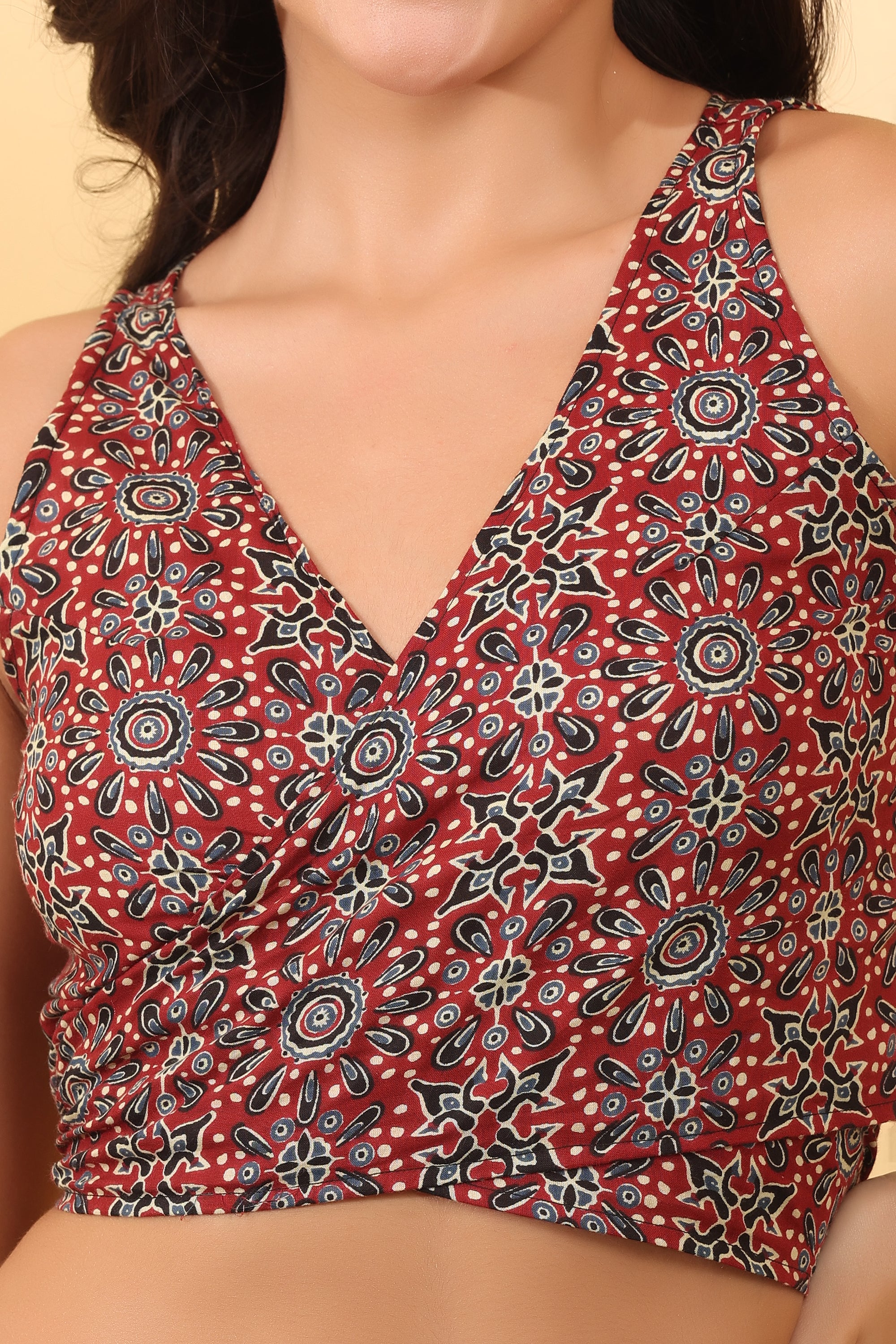 Women’s Red Printed Crop Top | Sleeveless V-Neck Stylish Top