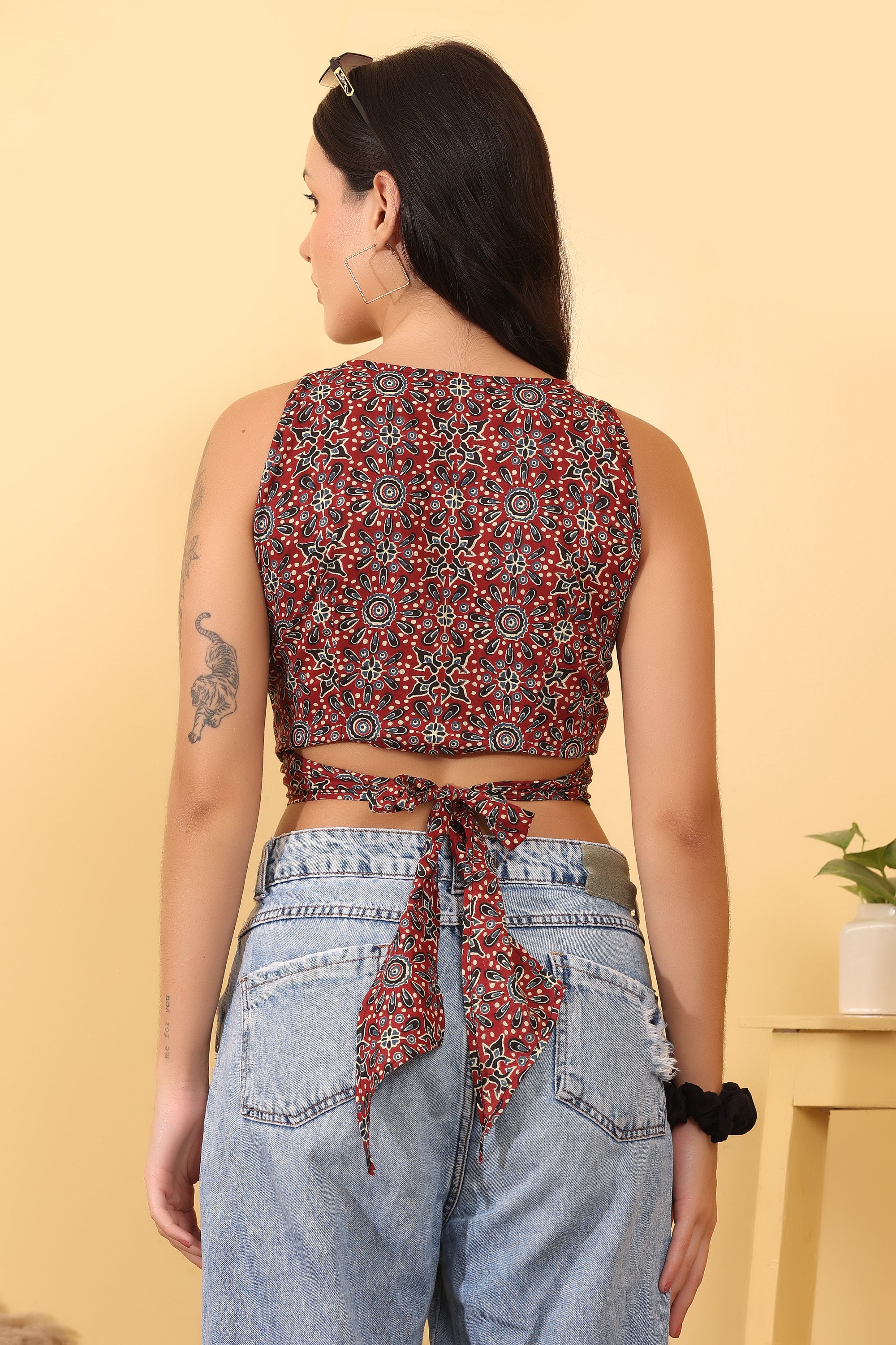 Women’s Red Printed Crop Top | Sleeveless V-Neck Stylish Top
