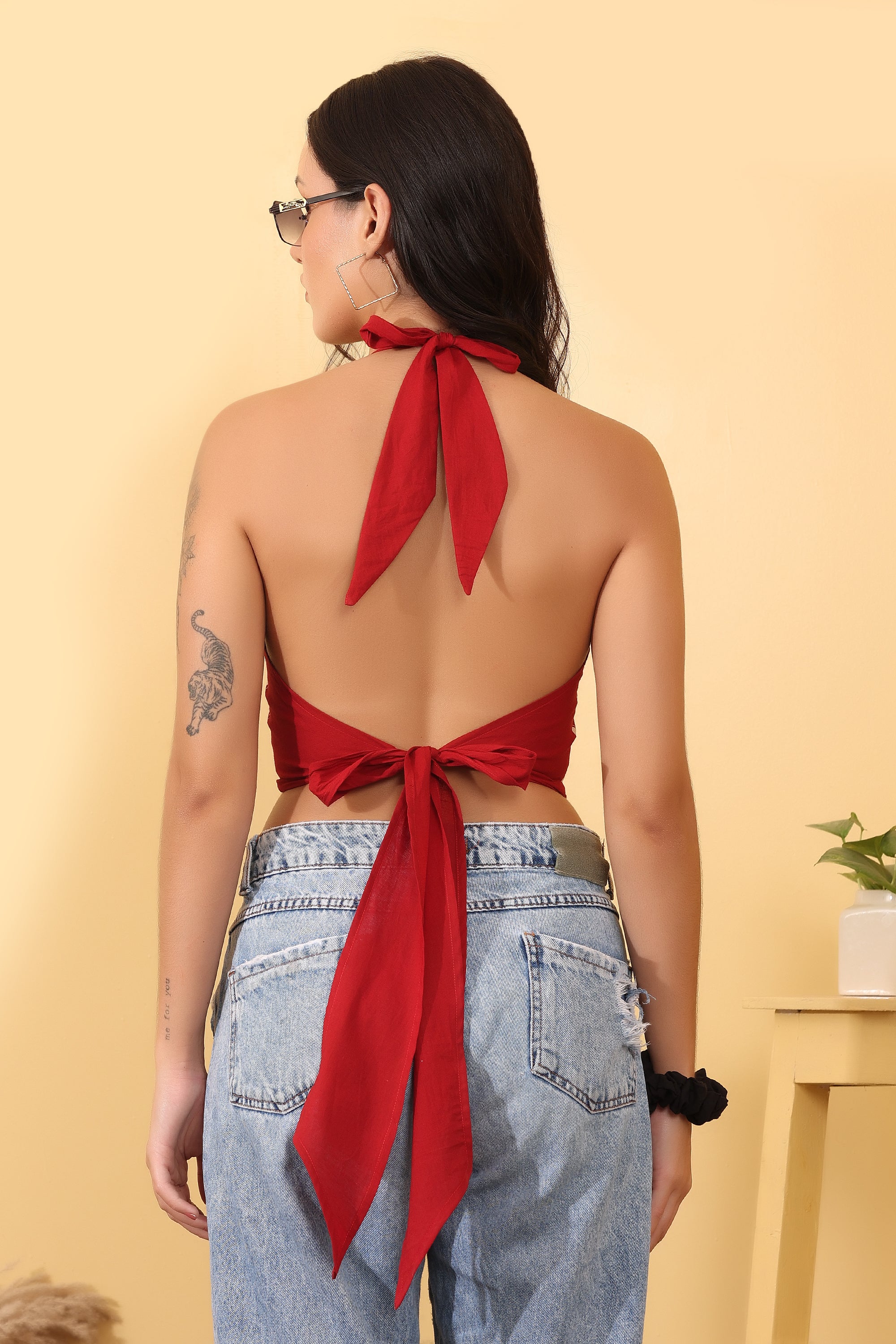 Women’s Red Printed Halter Neck Crop Top | Stylish Cotton Summer Top