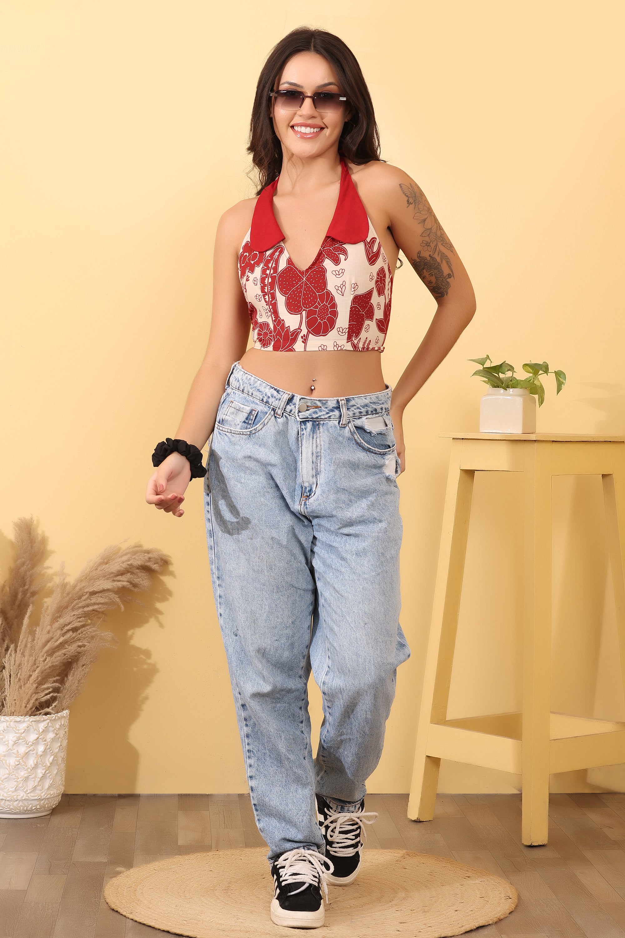 Women’s Red Printed Halter Neck Crop Top | Stylish Cotton Summer Top