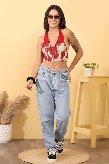 Women’s Red Printed Halter Neck Crop Top | Stylish Cotton Summer Top