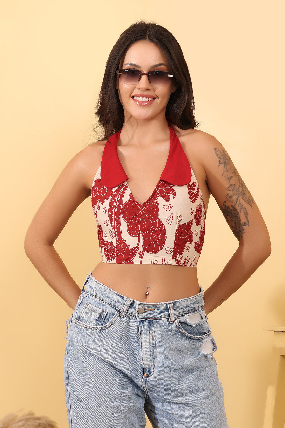 Women’s Red Printed Halter Neck Crop Top | Stylish Cotton Summer Top