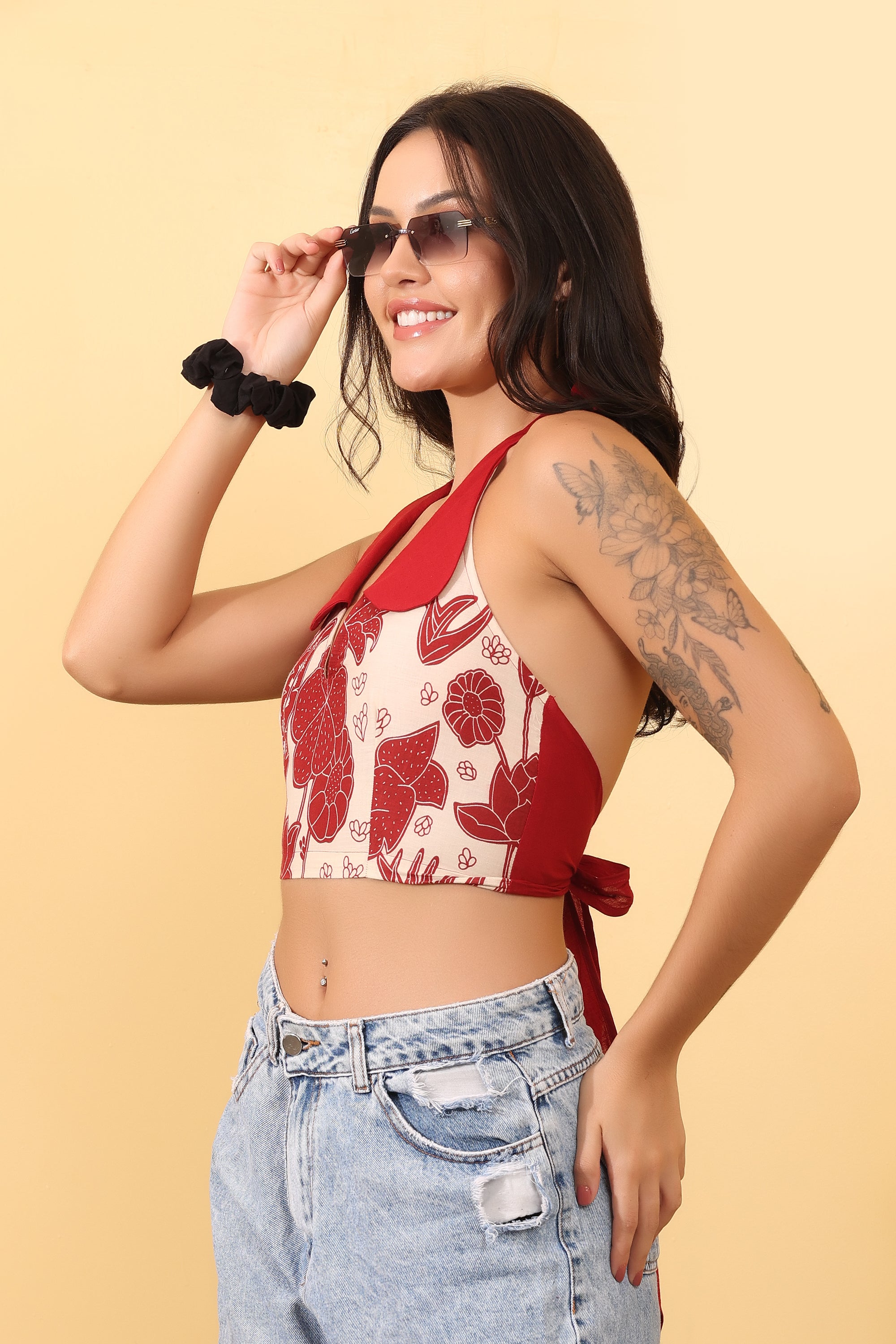Women’s Red Printed Halter Neck Crop Top | Stylish Cotton Summer Top