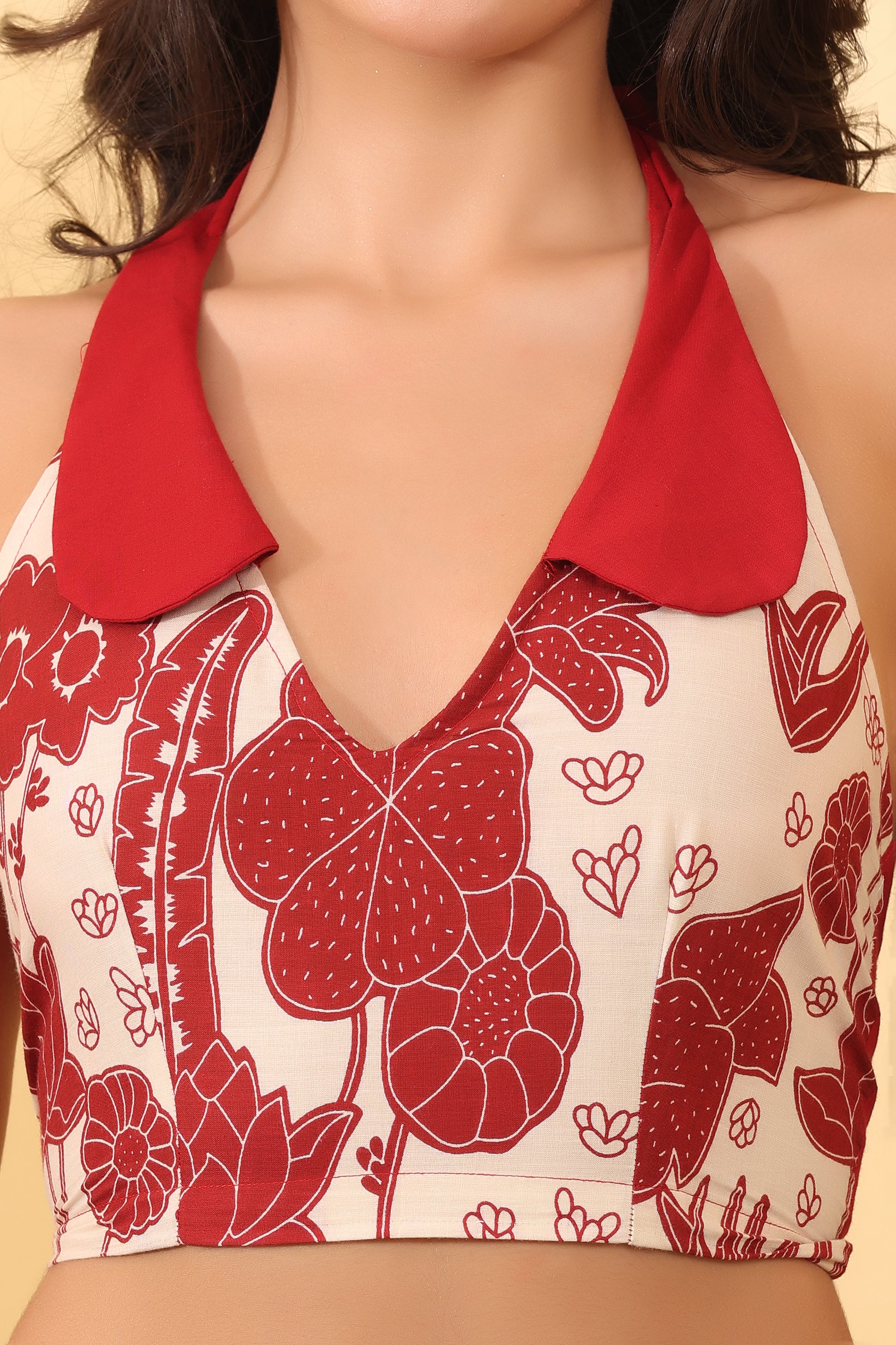 Women’s Red Printed Halter Neck Crop Top | Stylish Cotton Summer Top