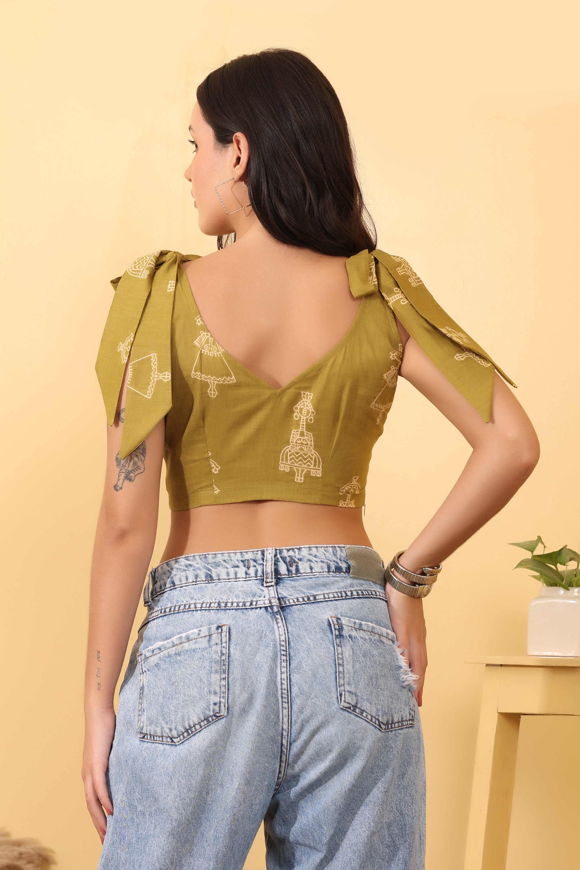 Women Mustard Cotton Printed Tie-Up Crop Top