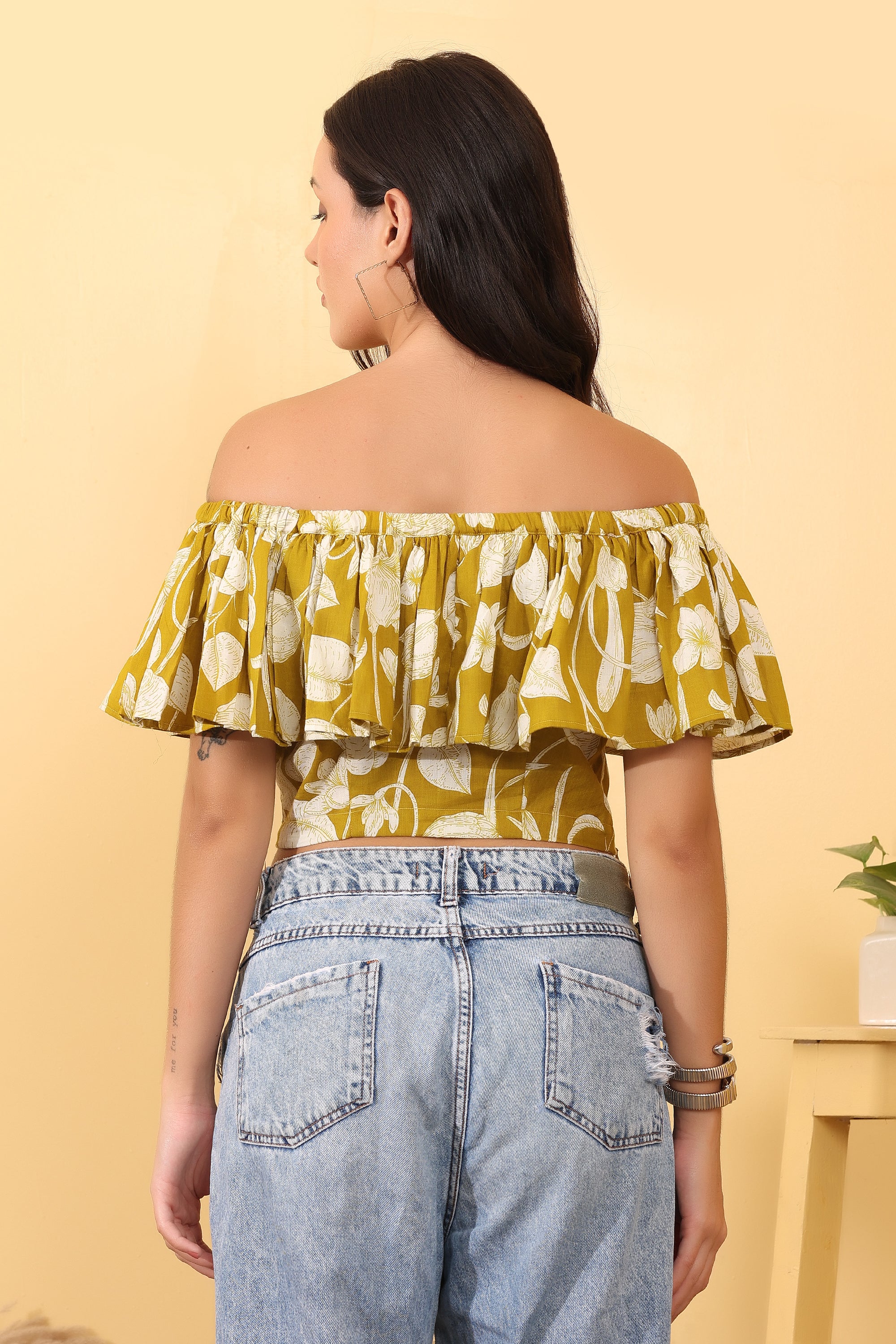 Women Mustard Printed Off Shoulder Cotton Crop Top