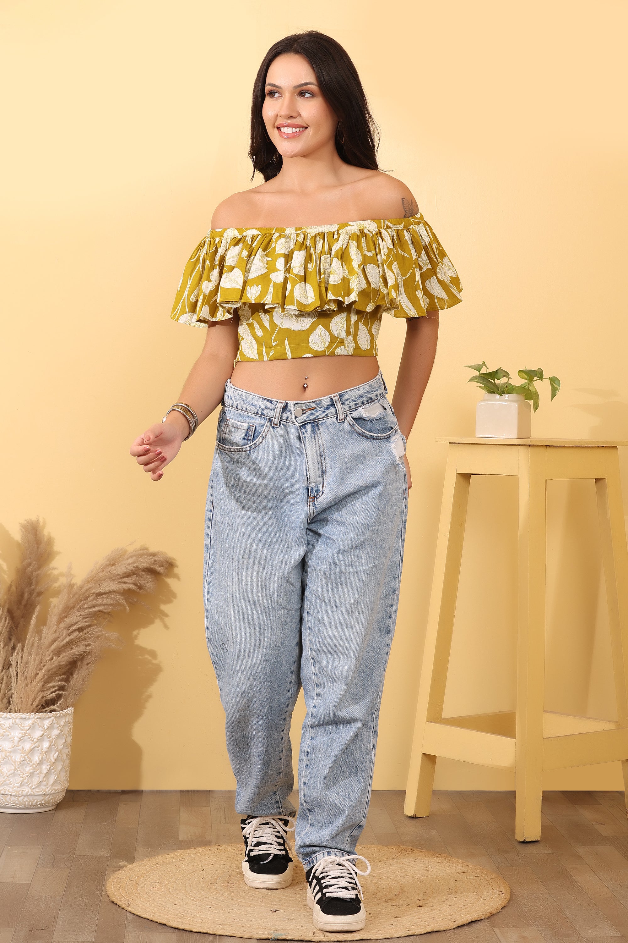 Women Mustard Printed Off Shoulder Cotton Crop Top
