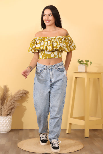 Women Mustard Printed Off Shoulder Cotton Crop Top