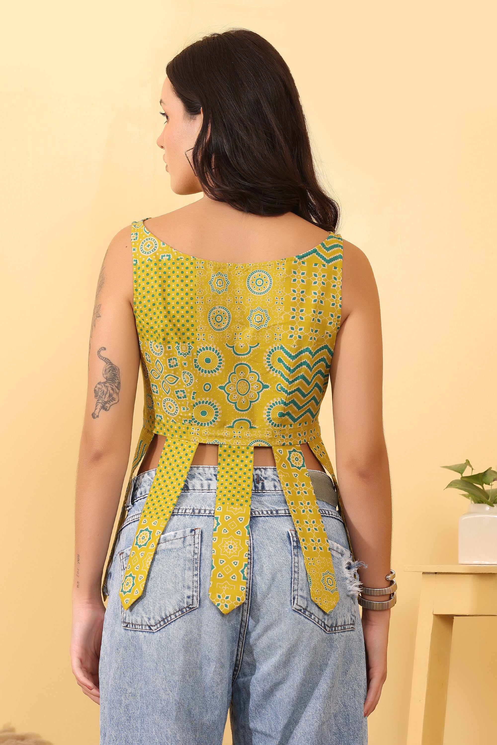 Women Mustard Printed Tassel Cotton Crop Top