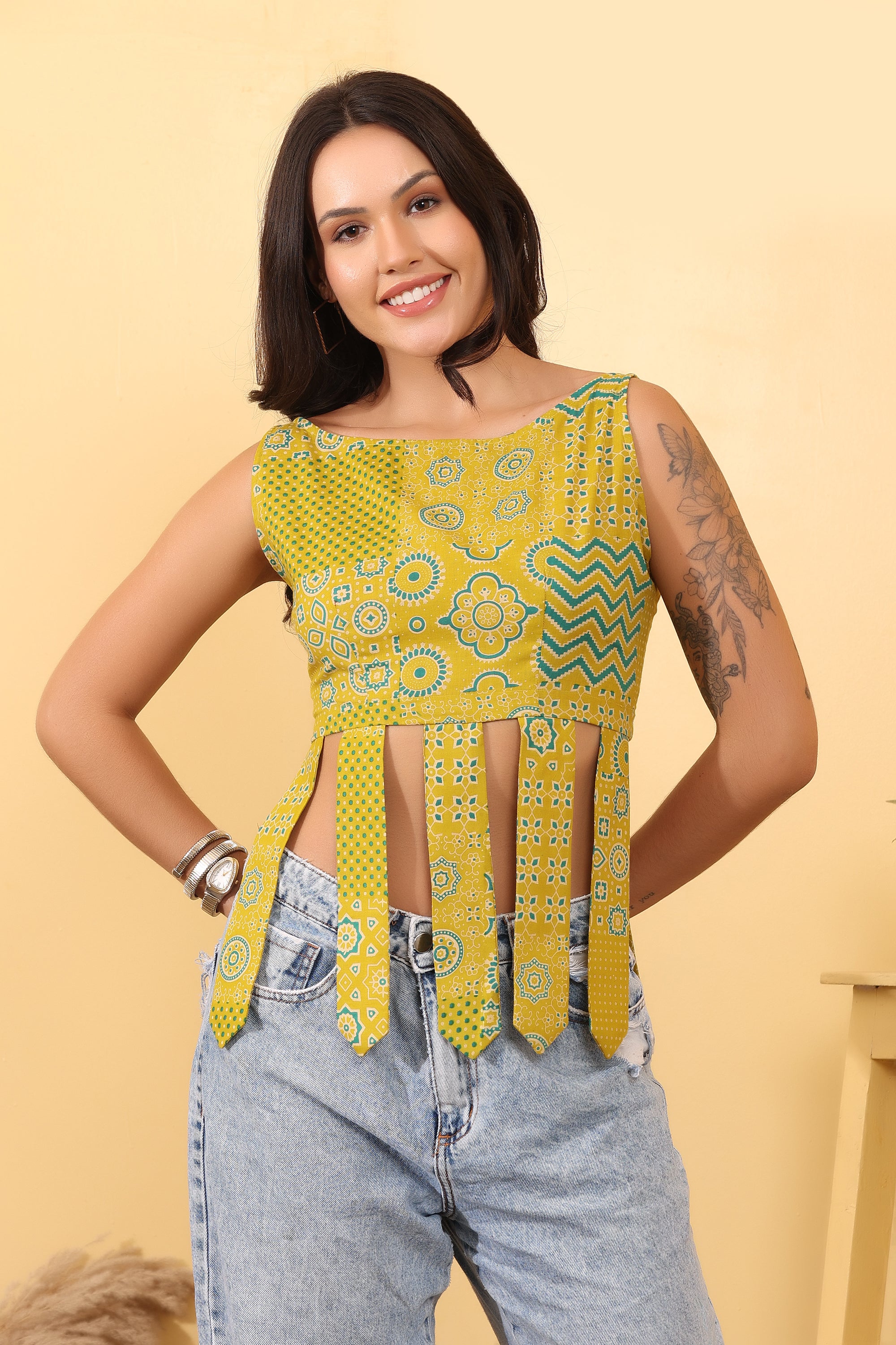Women Mustard Printed Tassel Cotton Crop Top