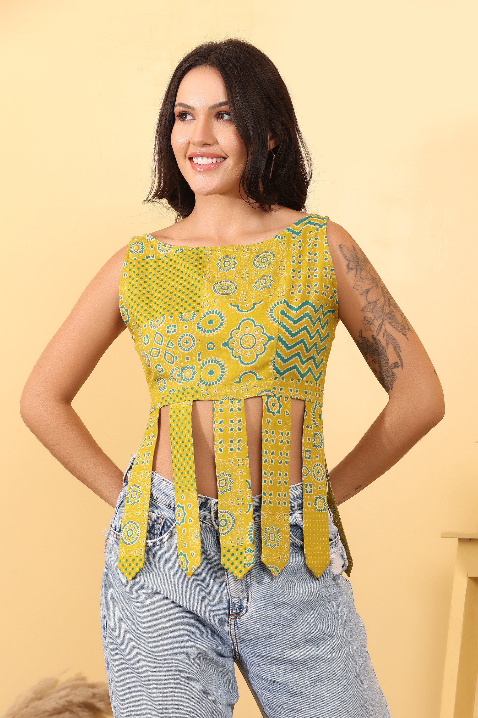 Women Mustard Printed Tassel Cotton Crop Top