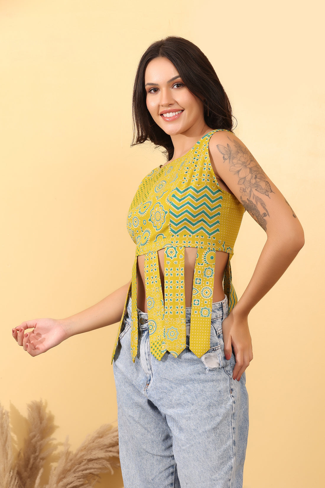 Women Mustard Printed Tassel Cotton Crop Top