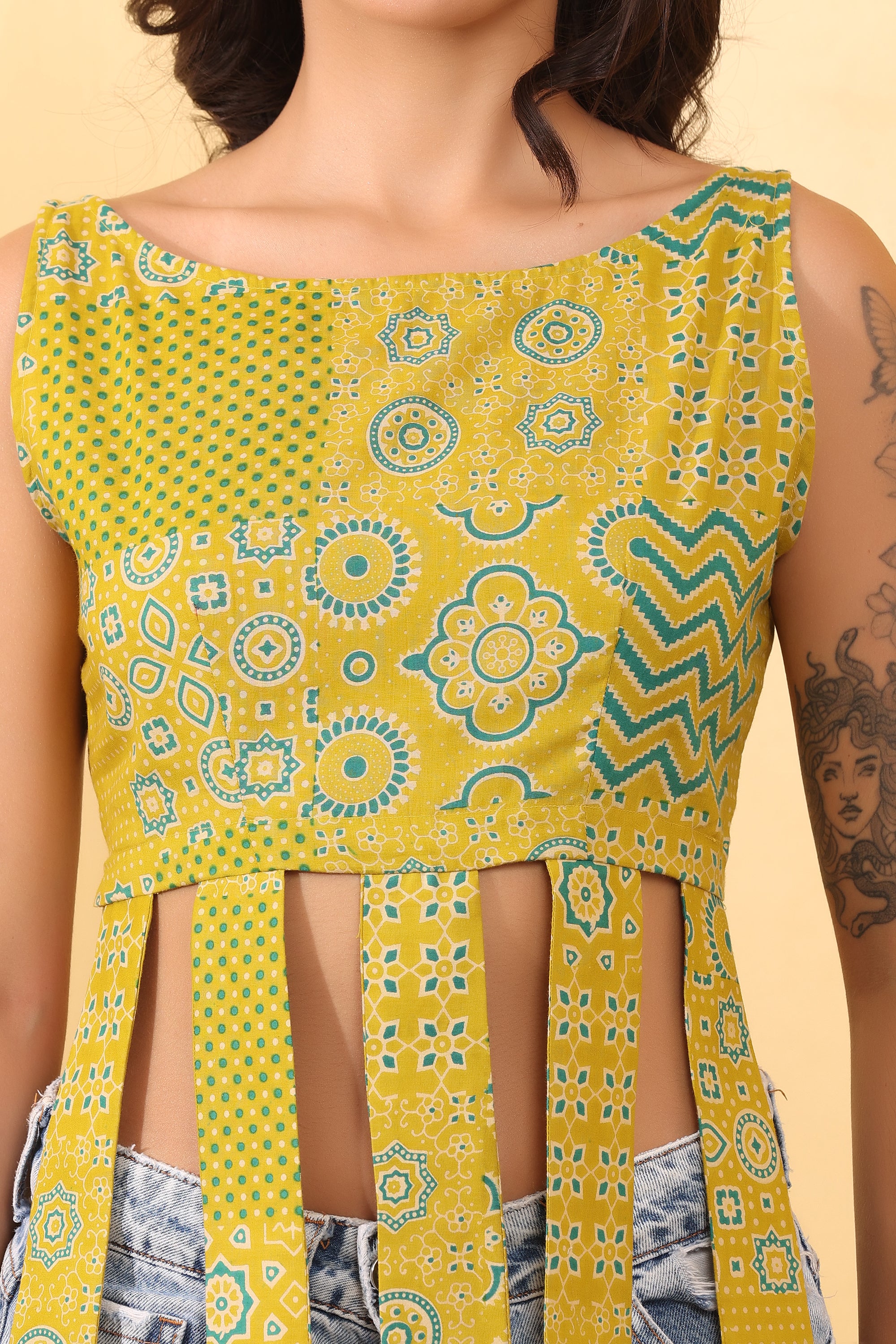 Women Mustard Printed Tassel Cotton Crop Top