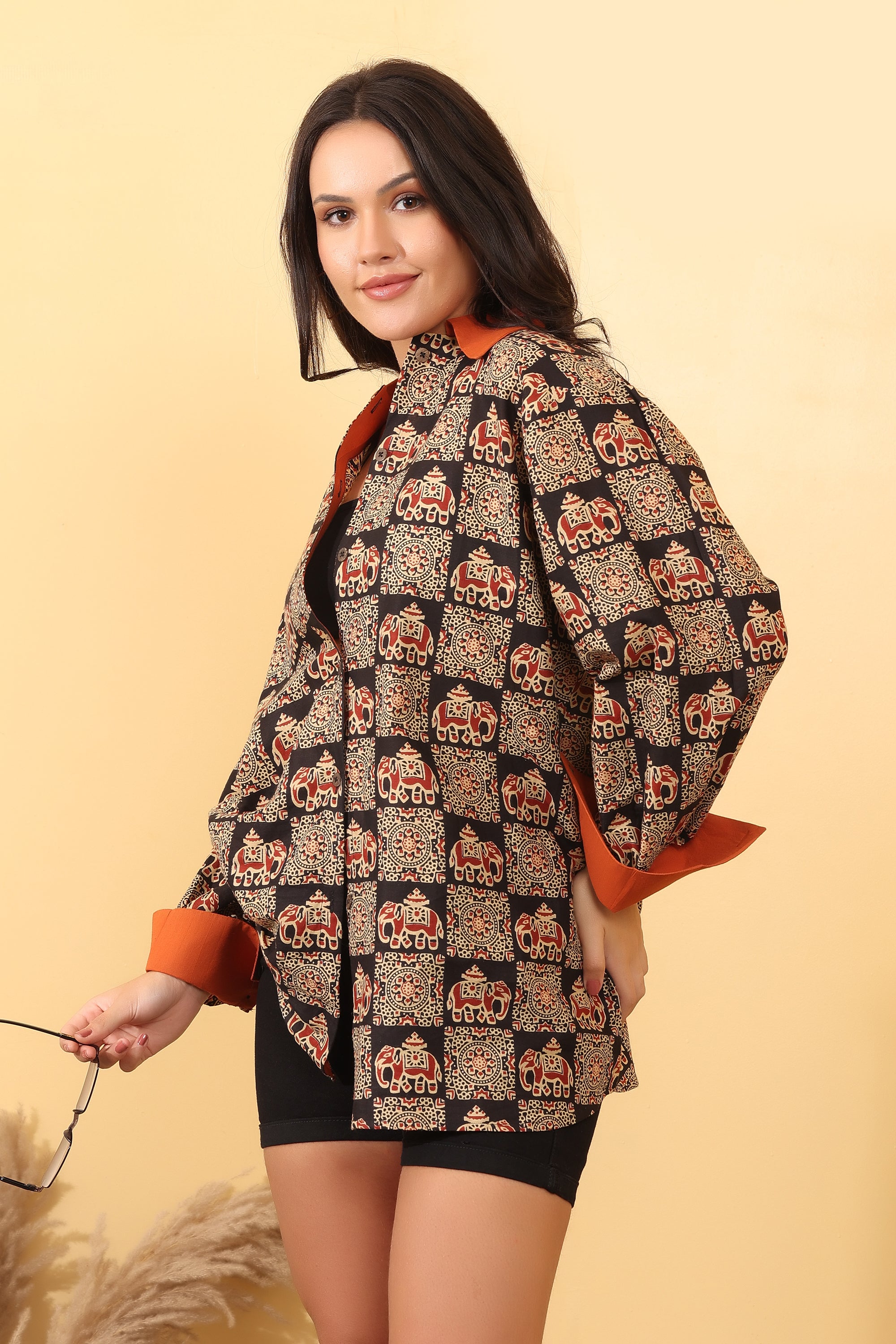 Black Elephant Print Cotton Oversized Shirt