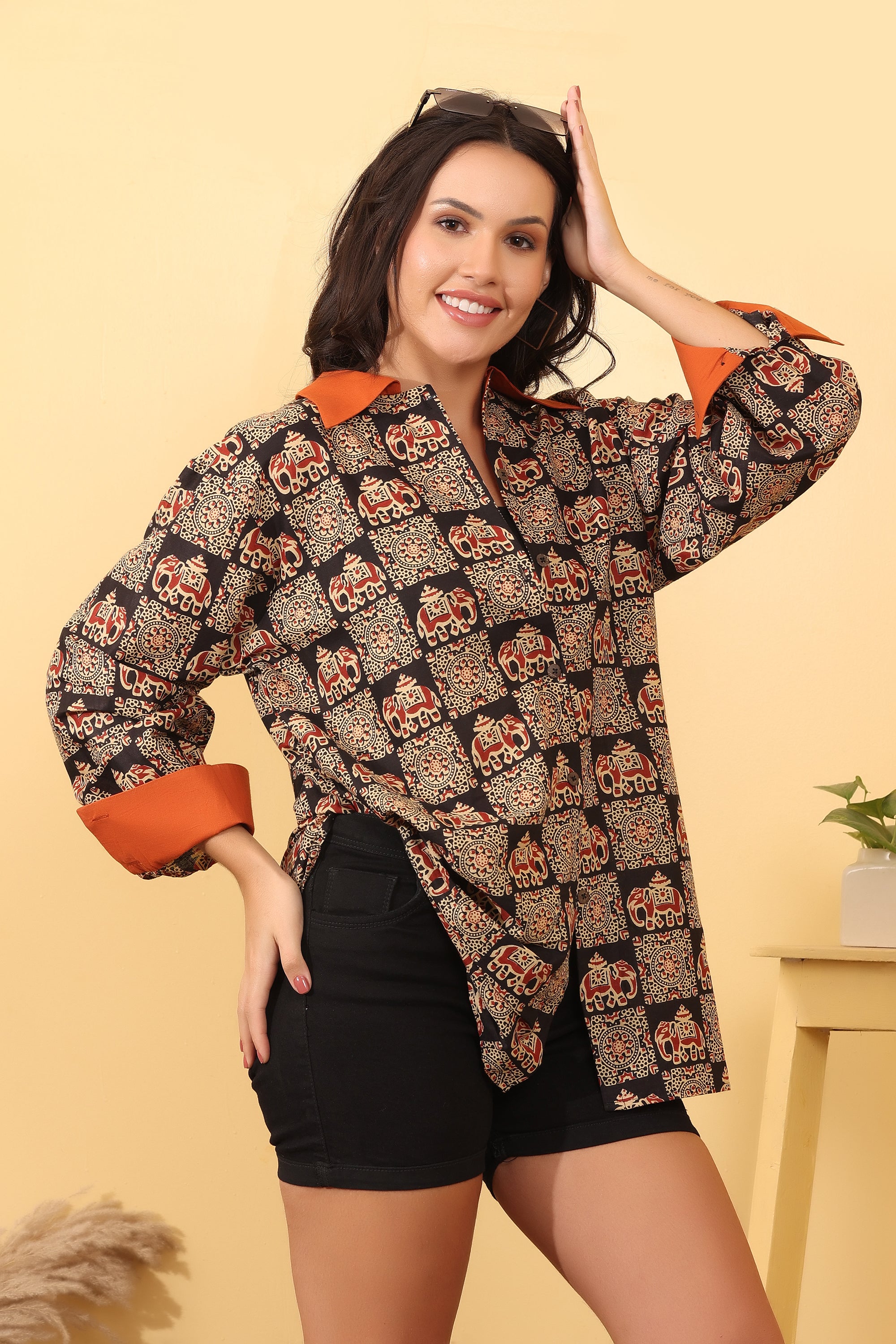 Black Elephant Print Cotton Oversized Shirt