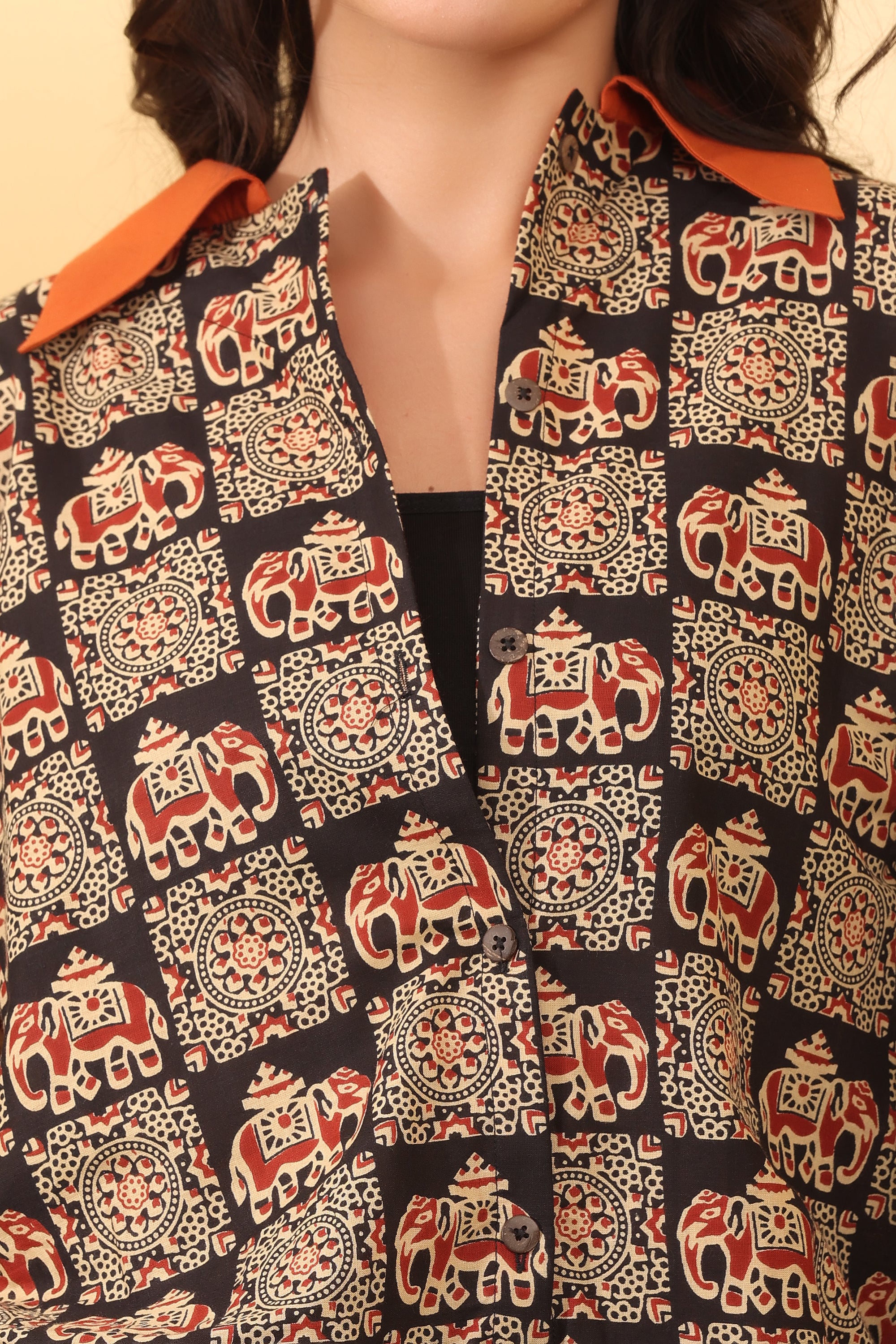 Black Elephant Print Cotton Oversized Shirt