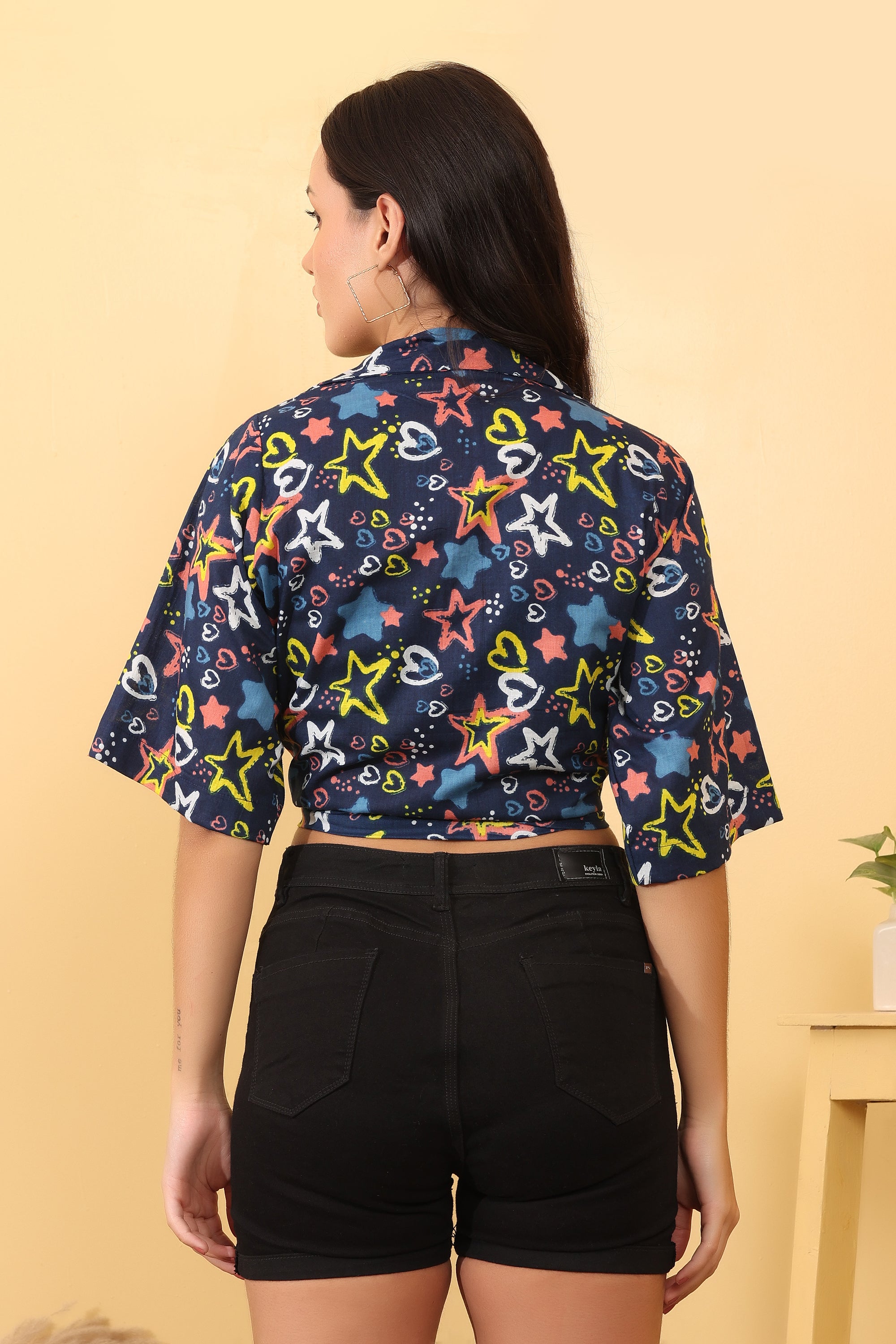 Navy Blue Printed Tie-Knot Cotton Crop Shirt