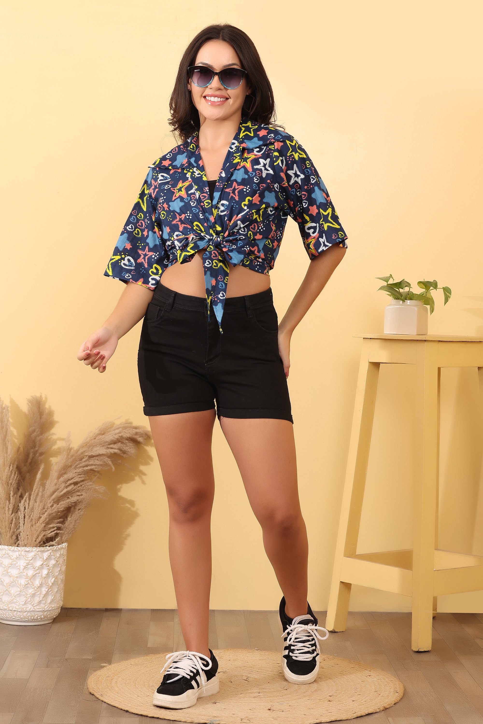 Navy Blue Printed Tie-Knot Cotton Crop Shirt