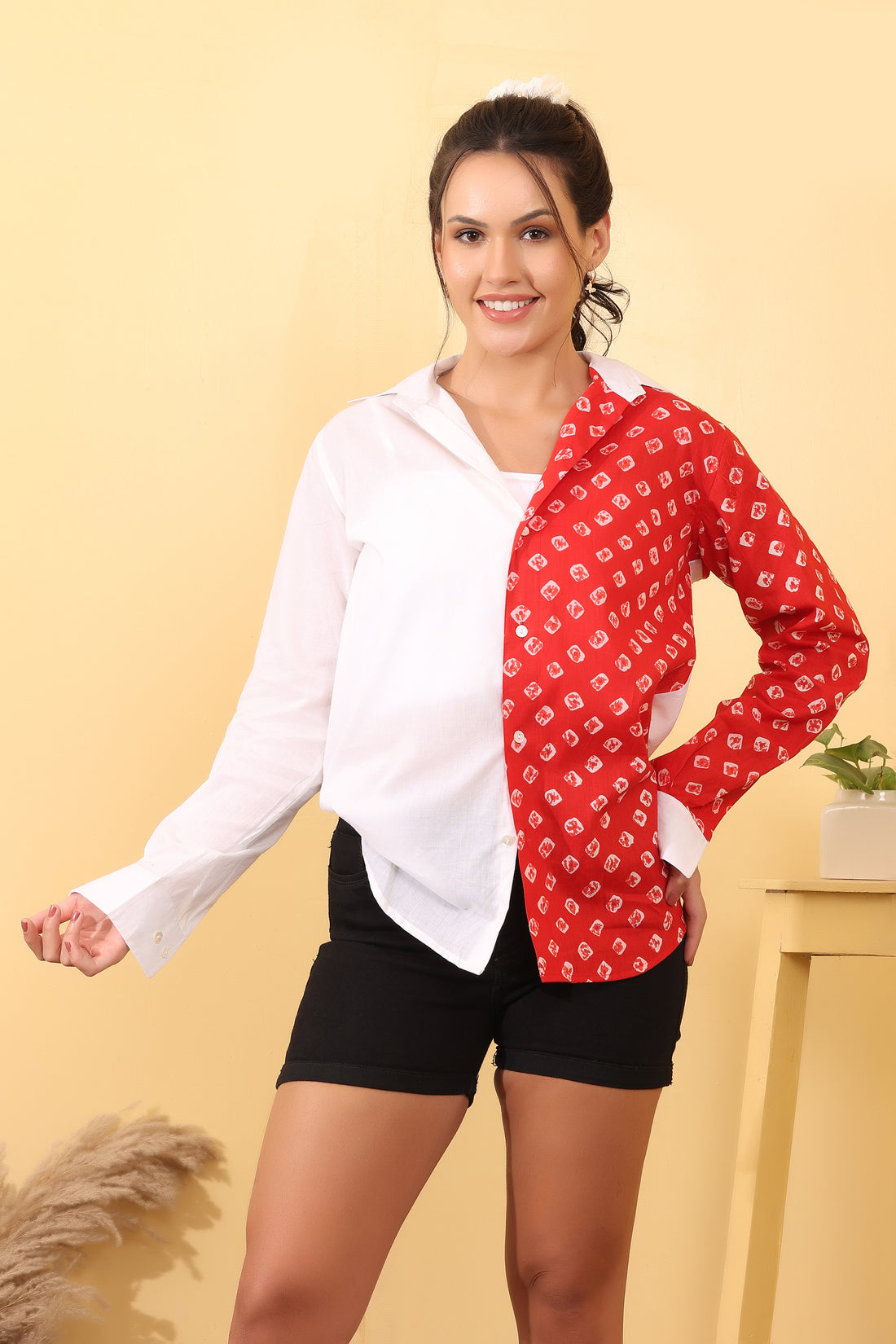 Women Red & White Printed Cotton Casual Shirt