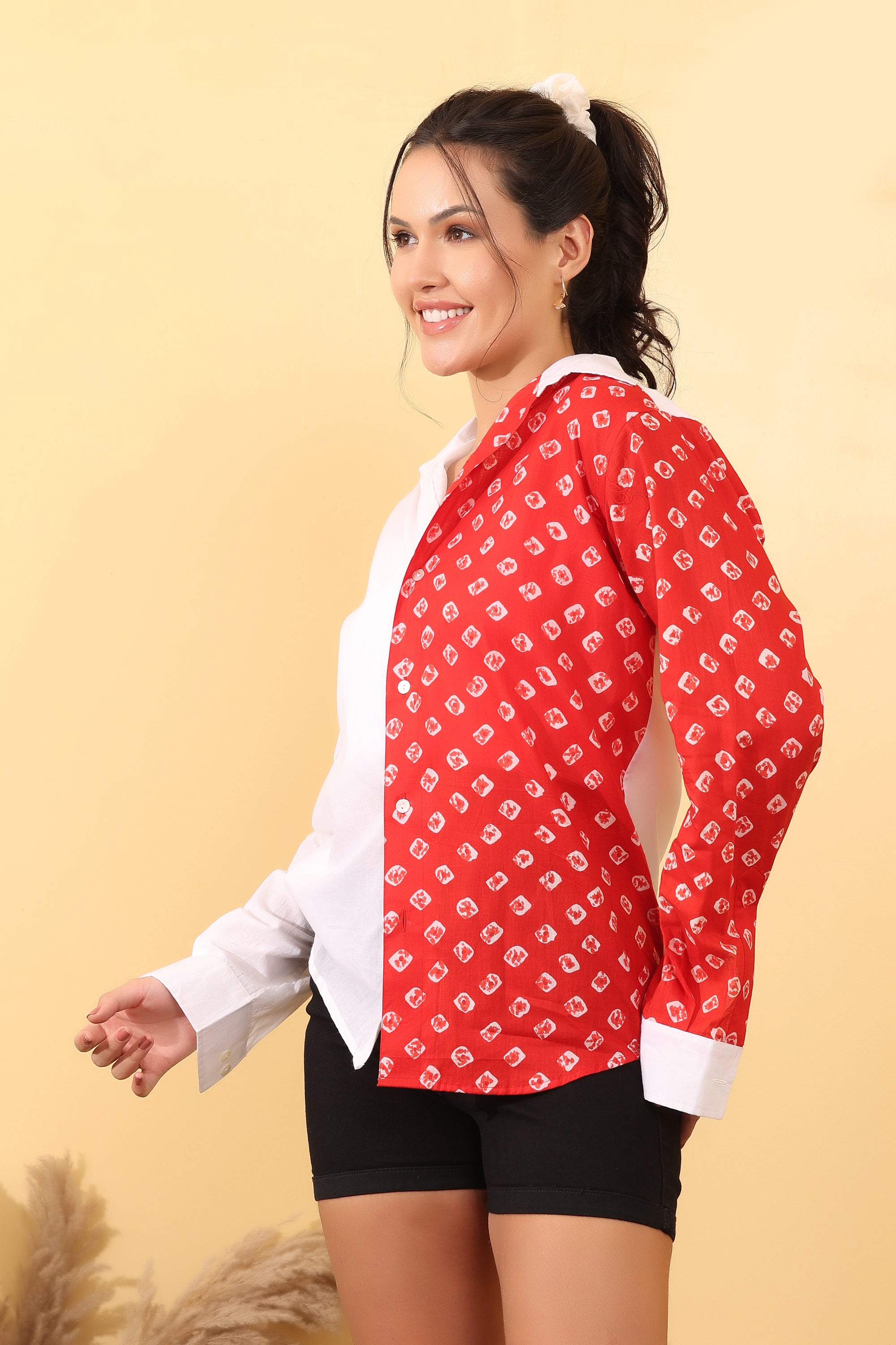 Women Red & White Printed Cotton Casual Shirt