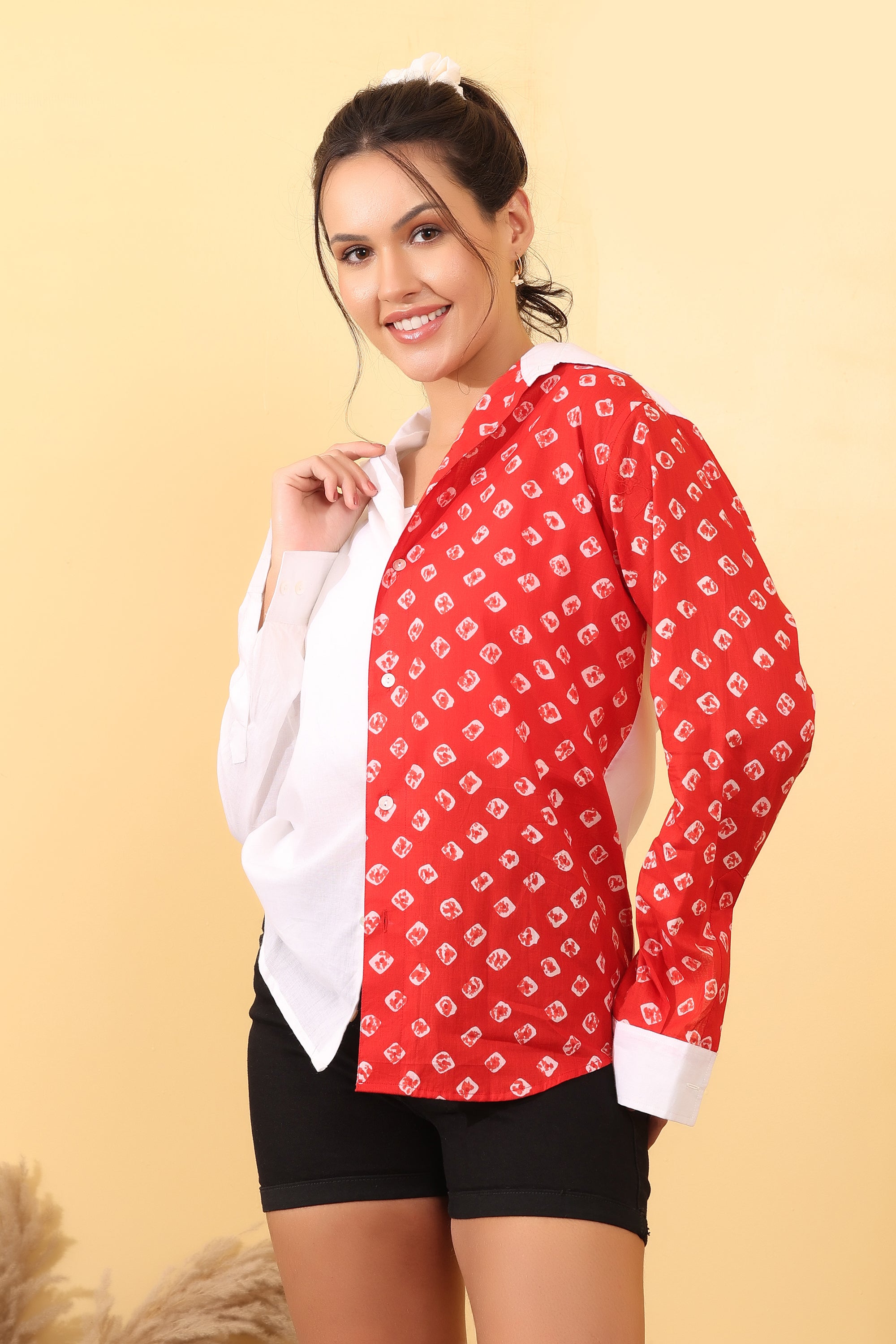 Women Red & White Printed Cotton Casual Shirt