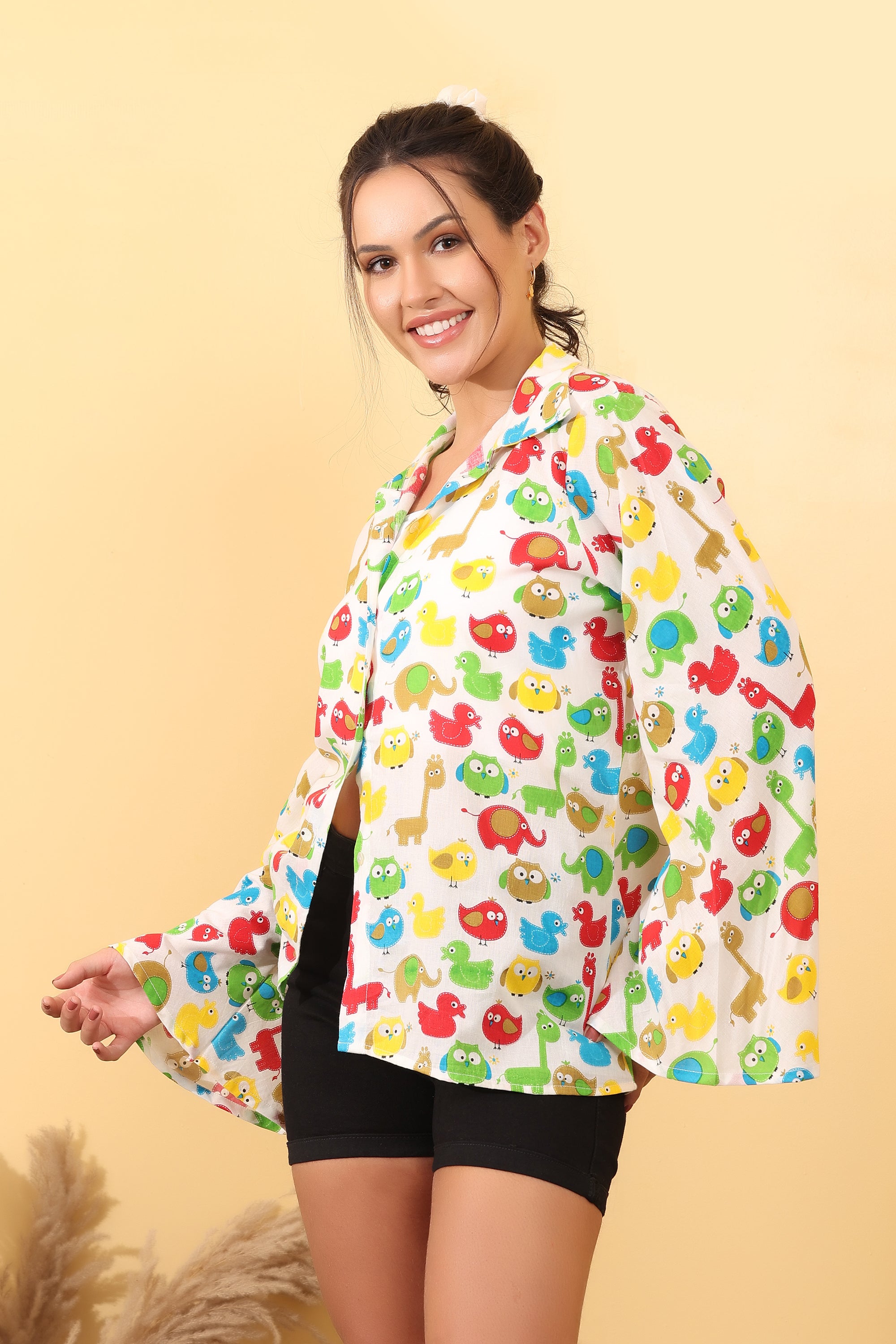 Women White Cartoon Print Cotton Oversized Shirt