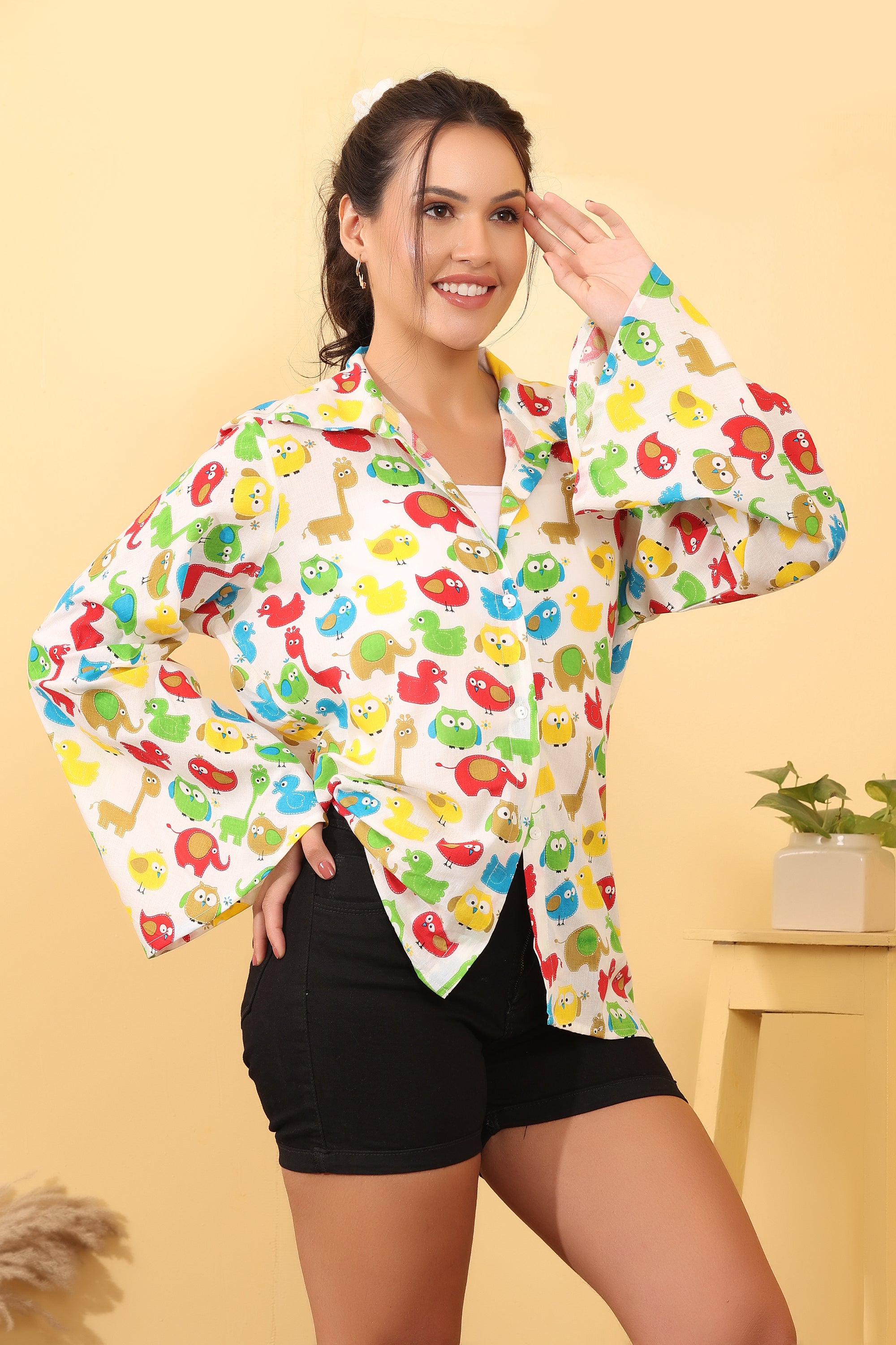 Women White Cartoon Print Cotton Oversized Shirt