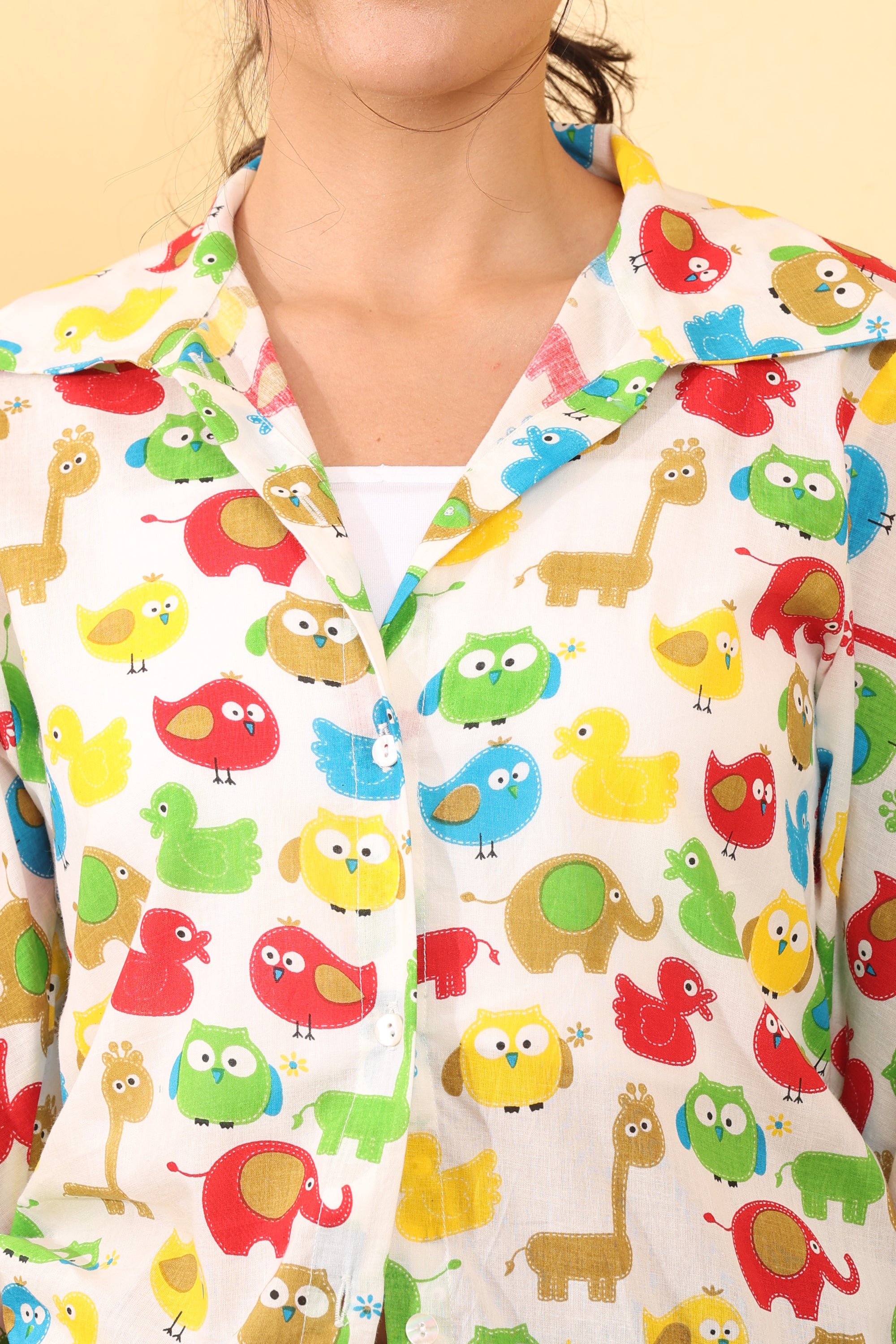 Women White Cartoon Print Cotton Oversized Shirt