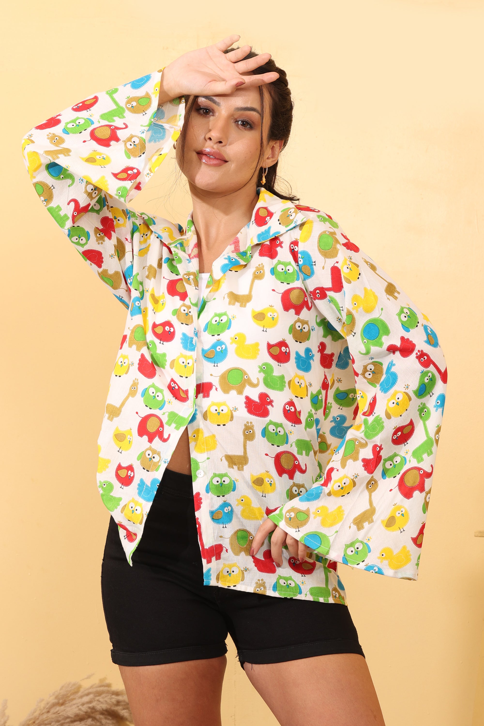 Women White Cartoon Print Cotton Oversized Shirt