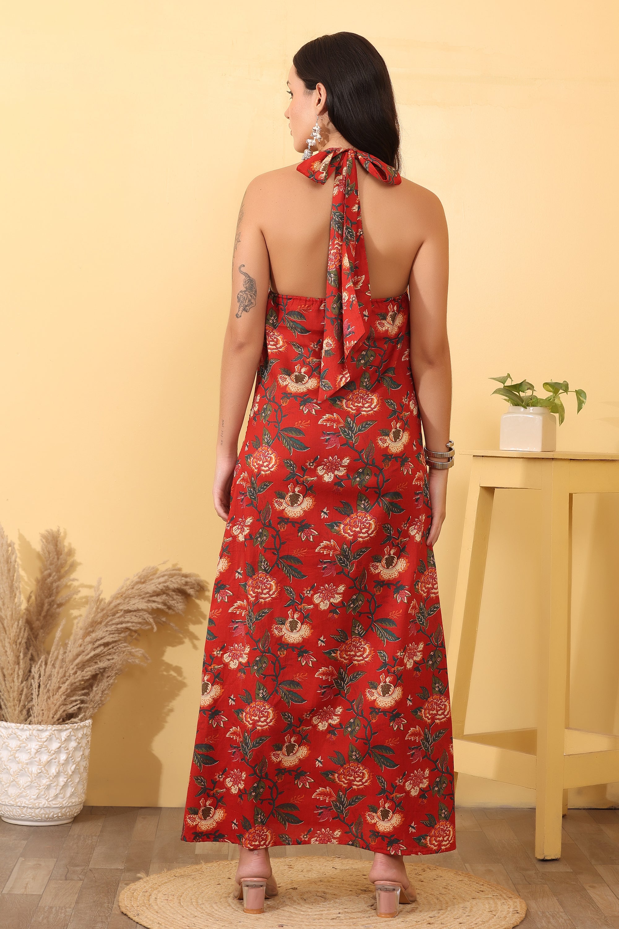Red Floral Cotton Maxi Dress – Elegant Summer Outfit