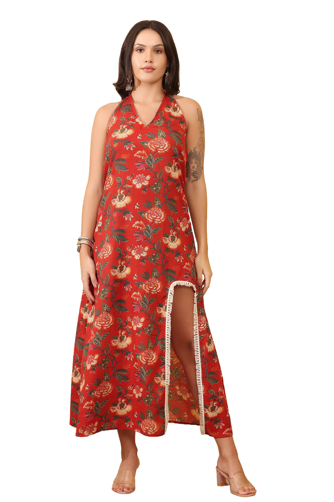 Red Floral Cotton Maxi Dress – Elegant Summer Outfit