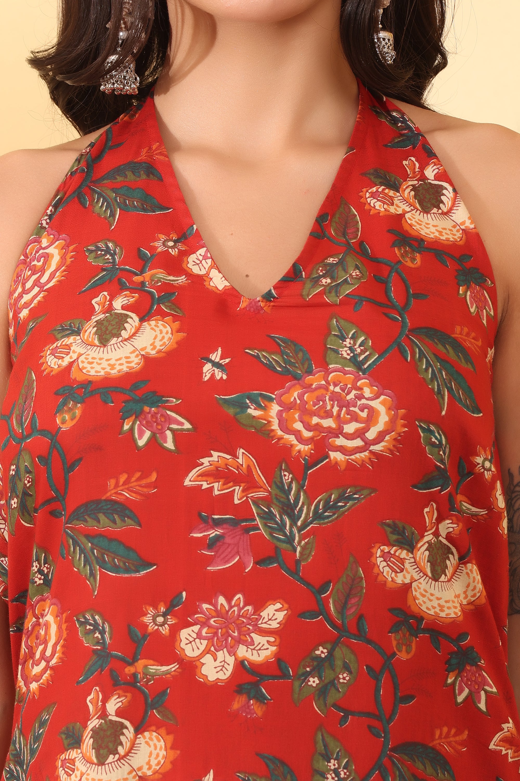 Red Floral Cotton Maxi Dress – Elegant Summer Outfit