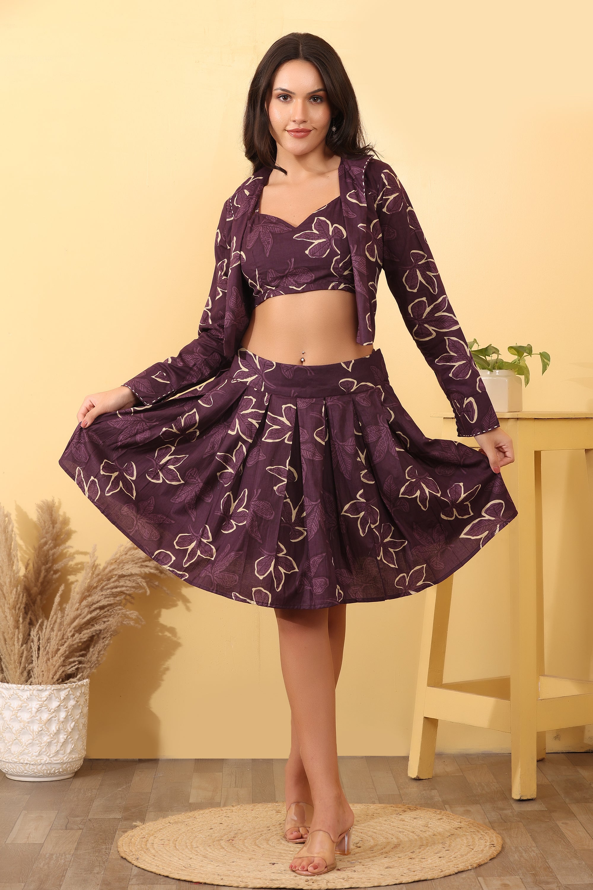 Purple Floral Crop Top with Flared Skirt & Shrug Set