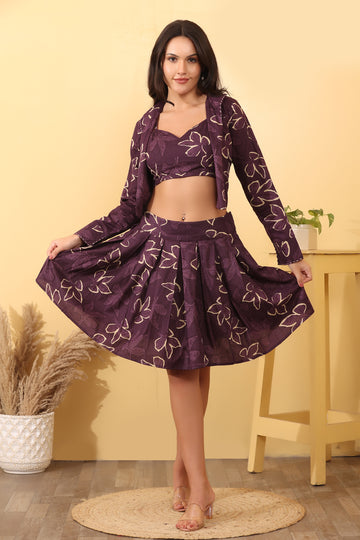 Purple Floral Crop Top with Flared Skirt & Shrug Set