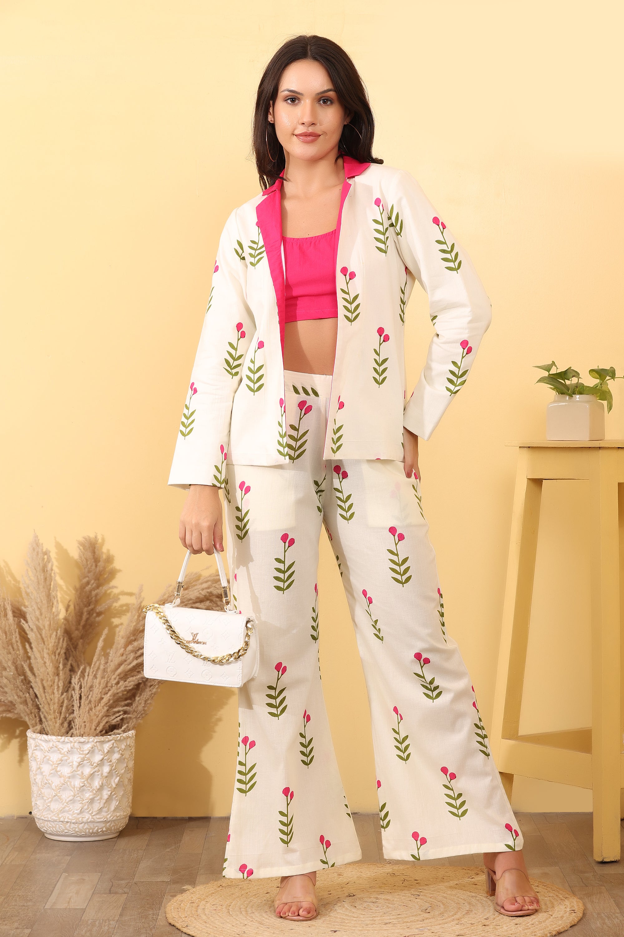Women Floral Printed Cotton 3 Piece Blazer  Set – Elegant & Stylish Outfit
