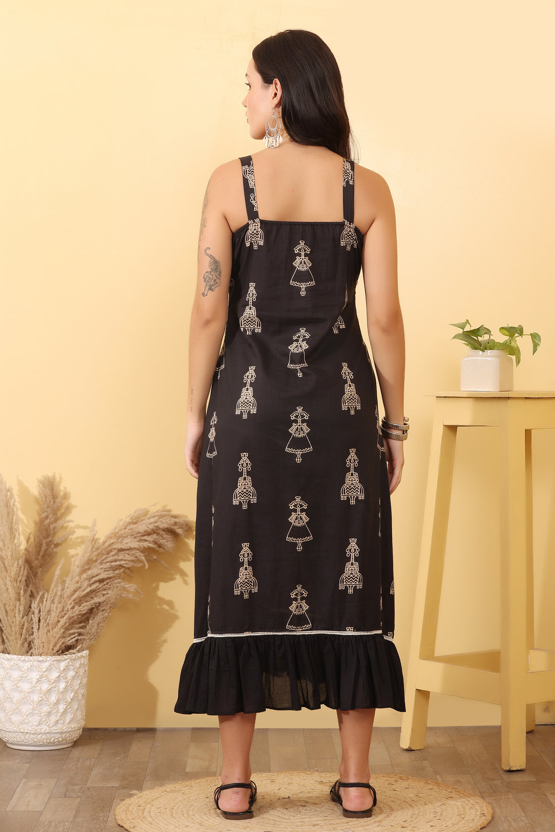 Women Black Printed Cotton Midi Dress – Elegant Casual Outfit
