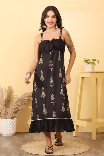 Women Black Printed Cotton Midi Dress – Elegant Casual Outfit