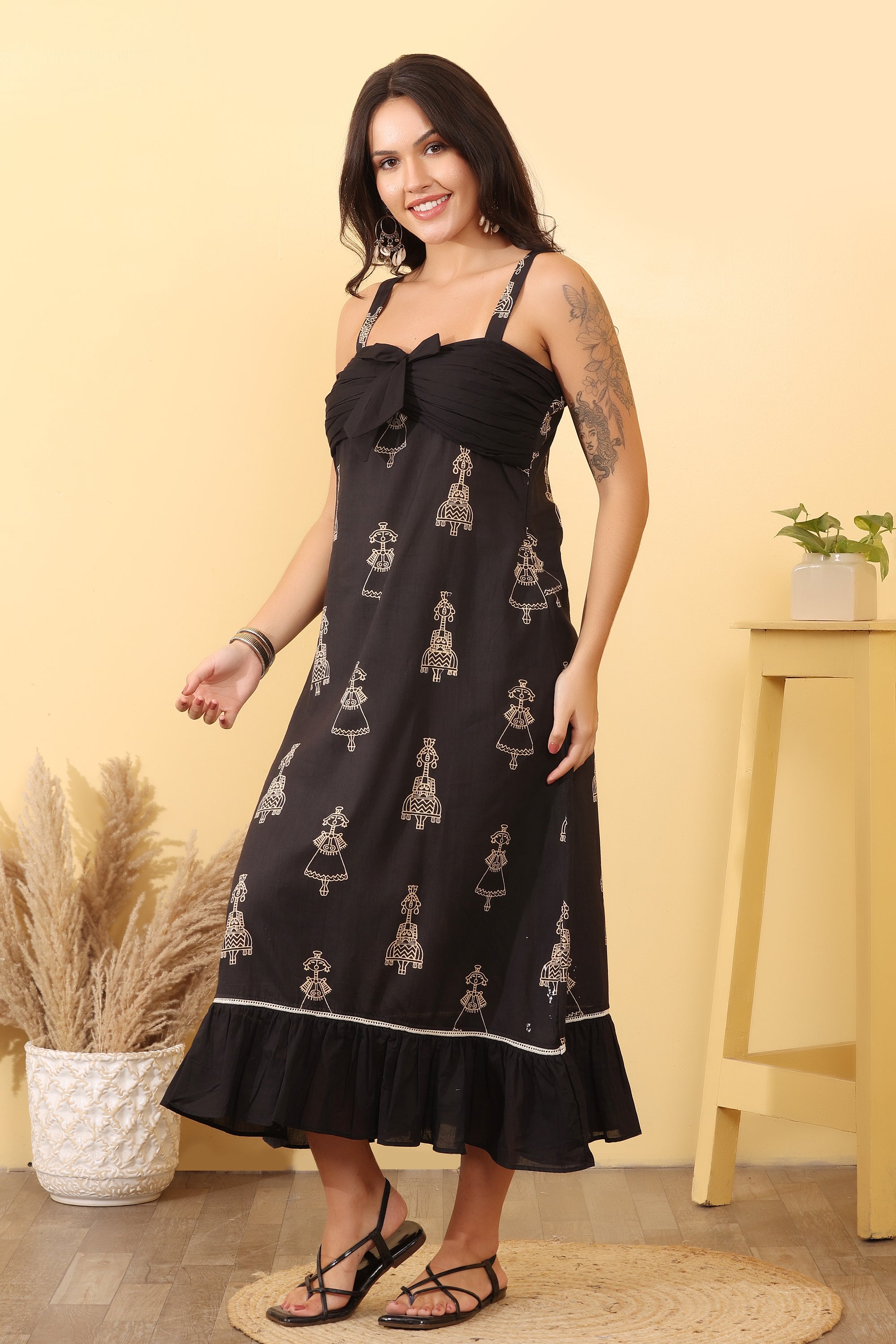Women Black Printed Cotton Midi Dress – Elegant Casual Outfit