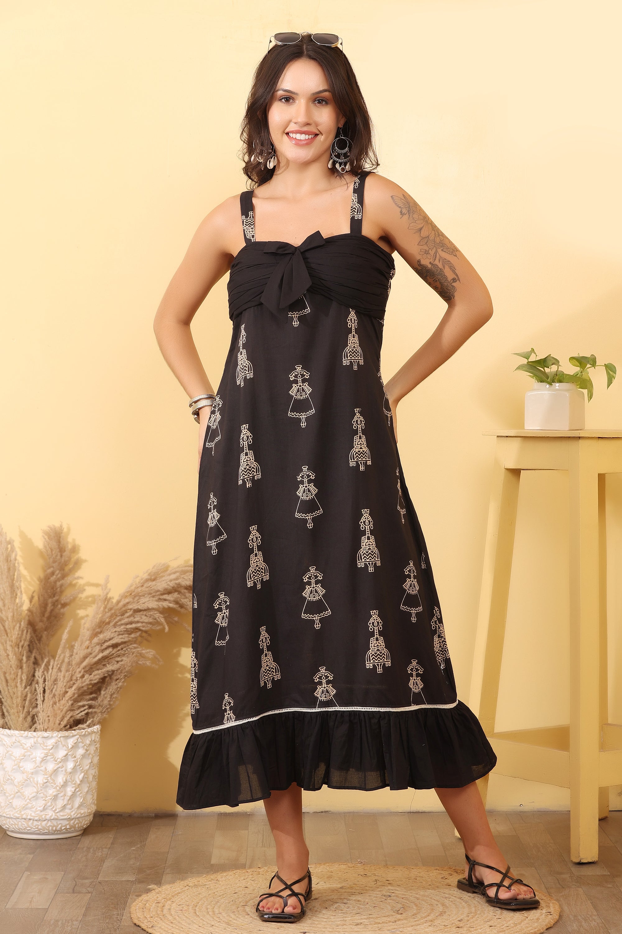 Women Black Printed Cotton Midi Dress – Elegant Casual Outfit