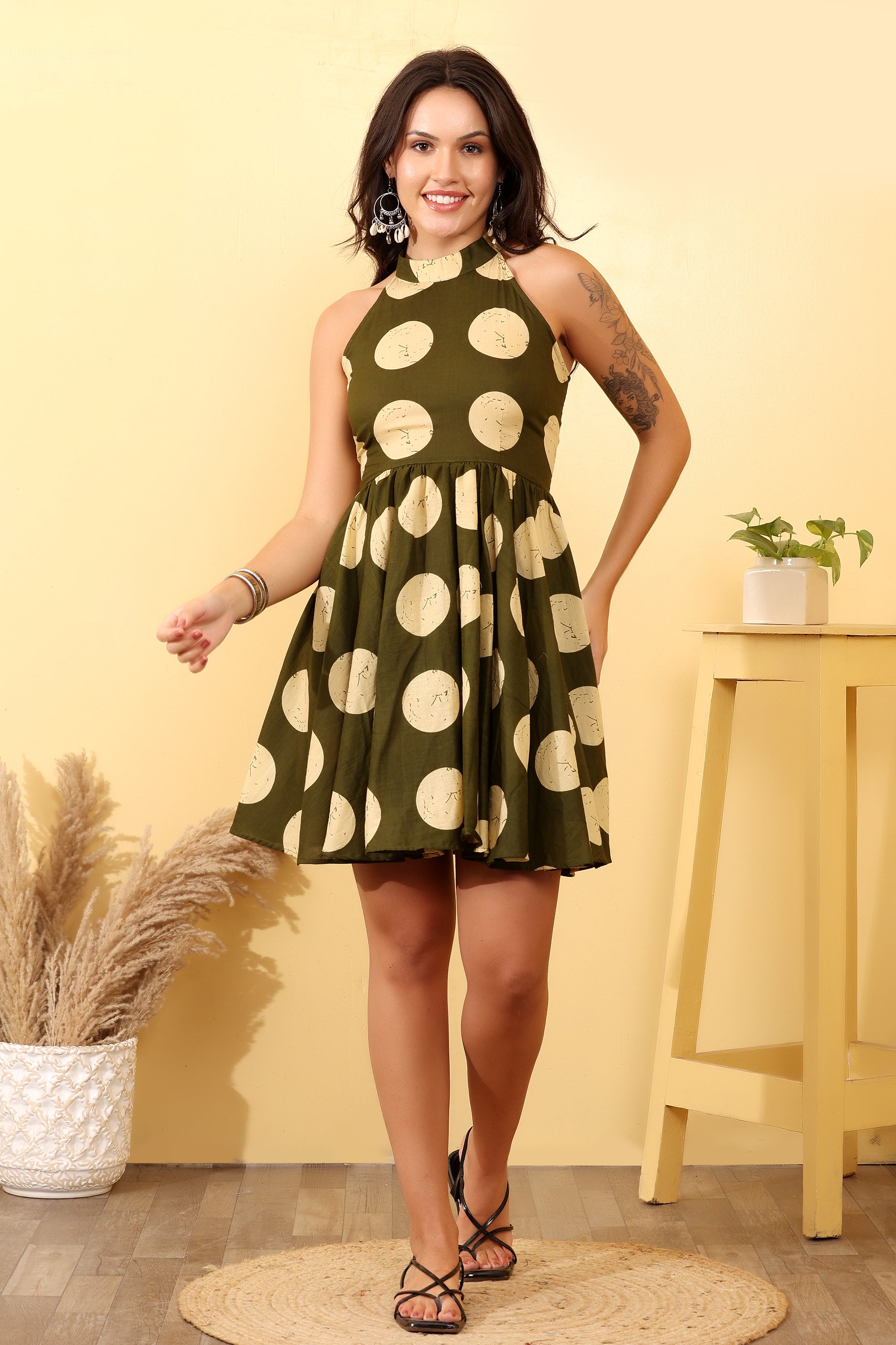 Women Cotton Polka Dot Halter Neck Dress – Stylish Summer Outfit
