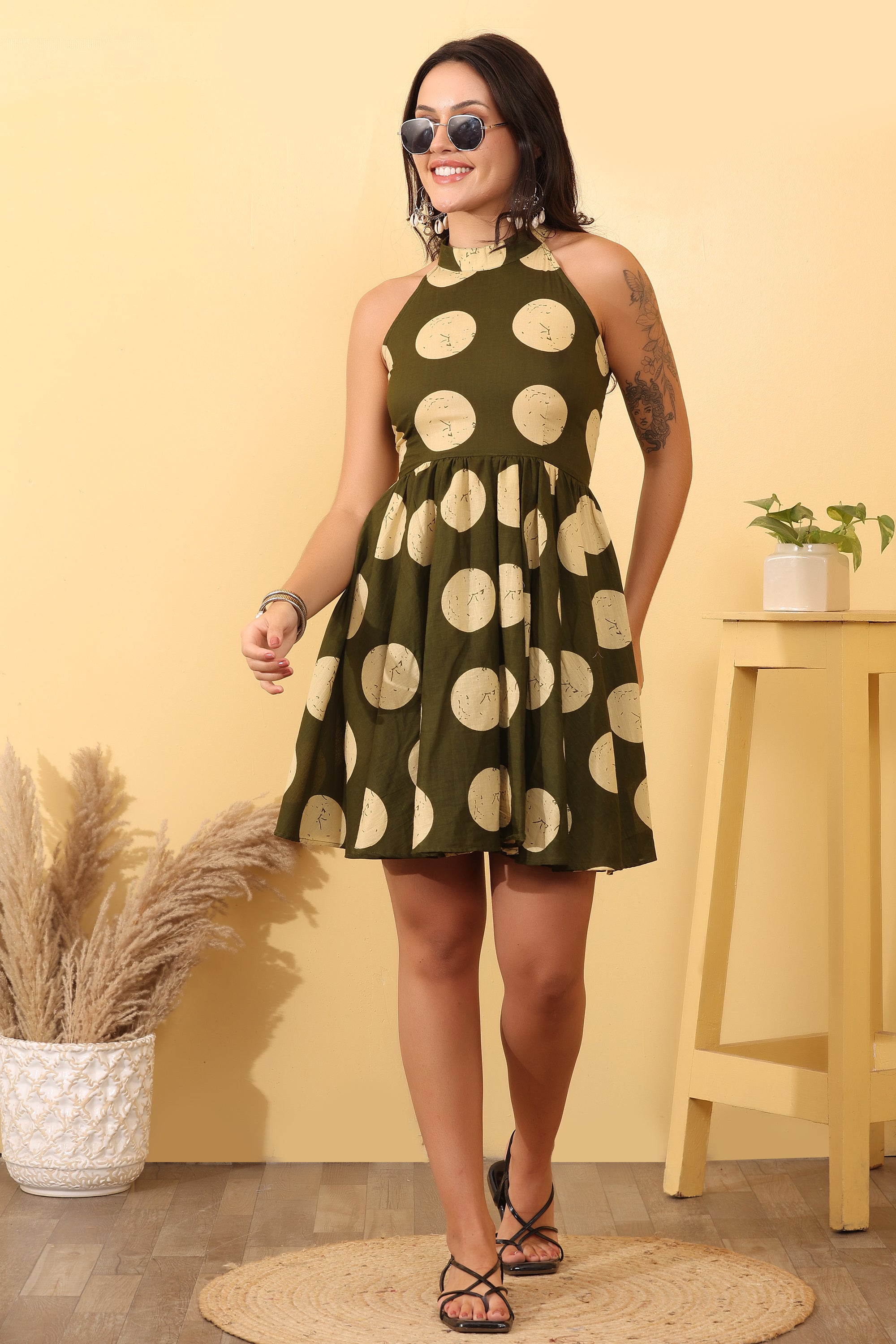 Women Cotton Polka Dot Halter Neck Dress – Stylish Summer Outfit