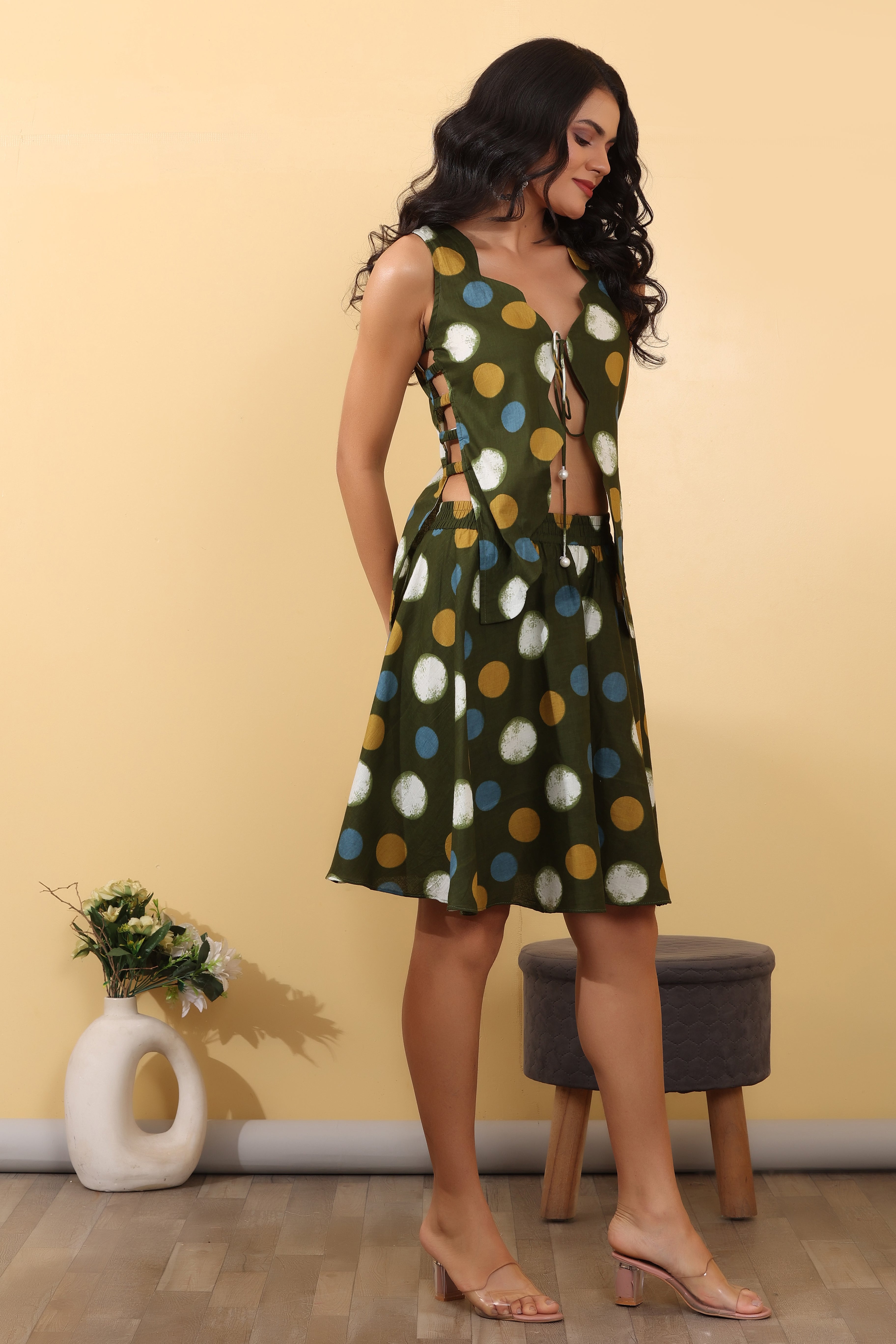 Women Boho Olive Skater Co-ord Set| Trendy Polka Dot Western Wear
