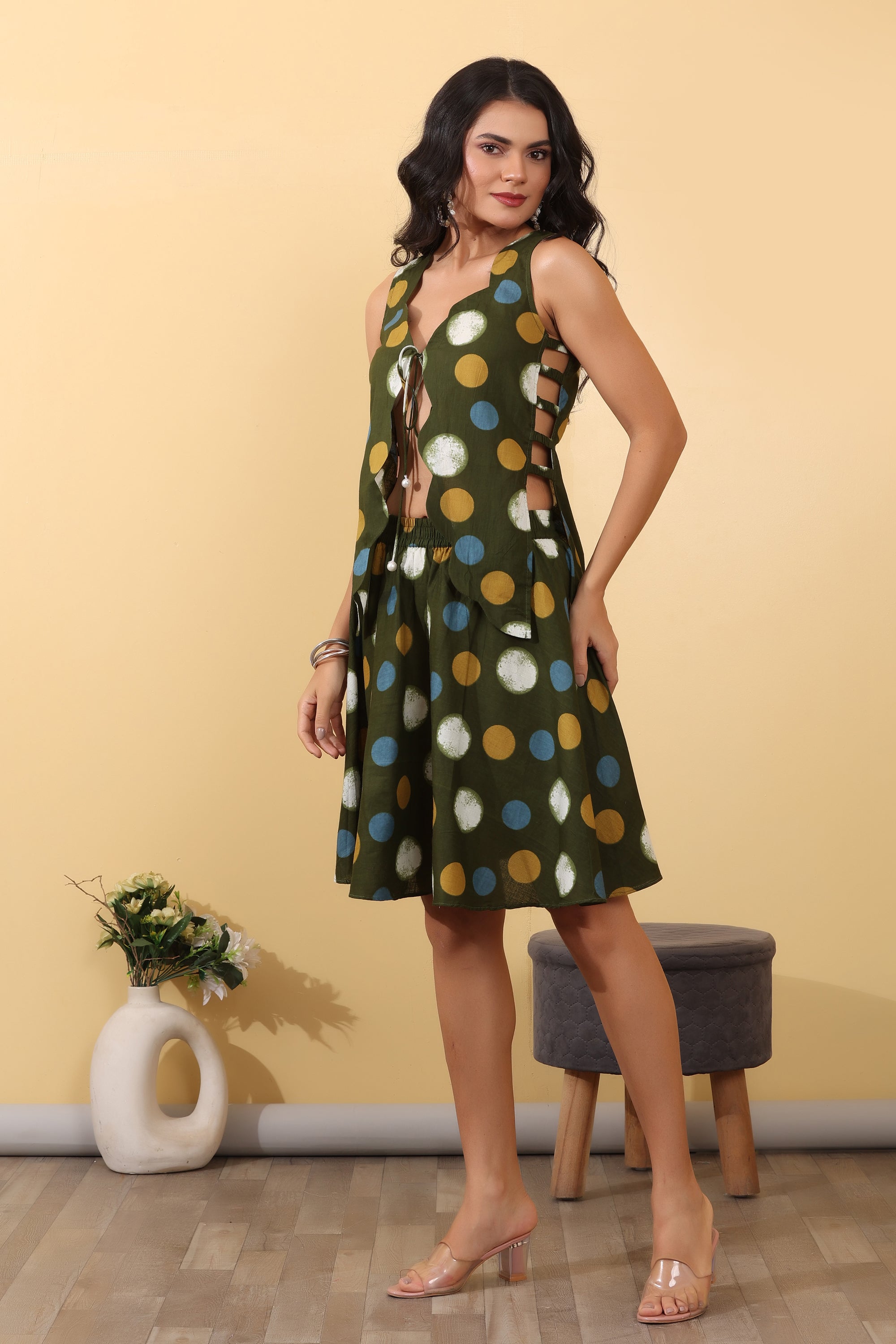 Women Boho Olive Skater Co-ord Set| Trendy Polka Dot Western Wear