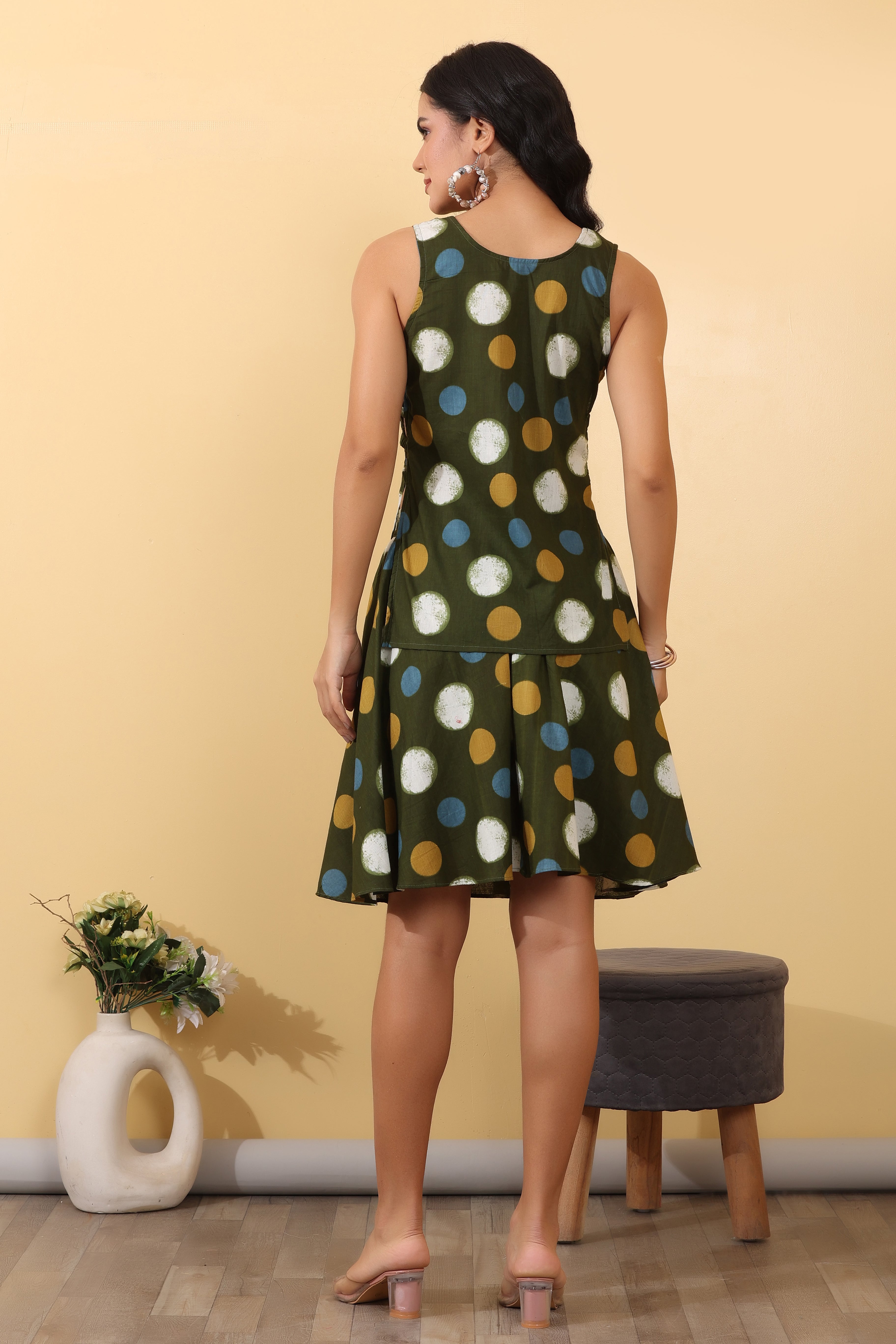 Women Boho Olive Skater Co-ord Set| Trendy Polka Dot Western Wear