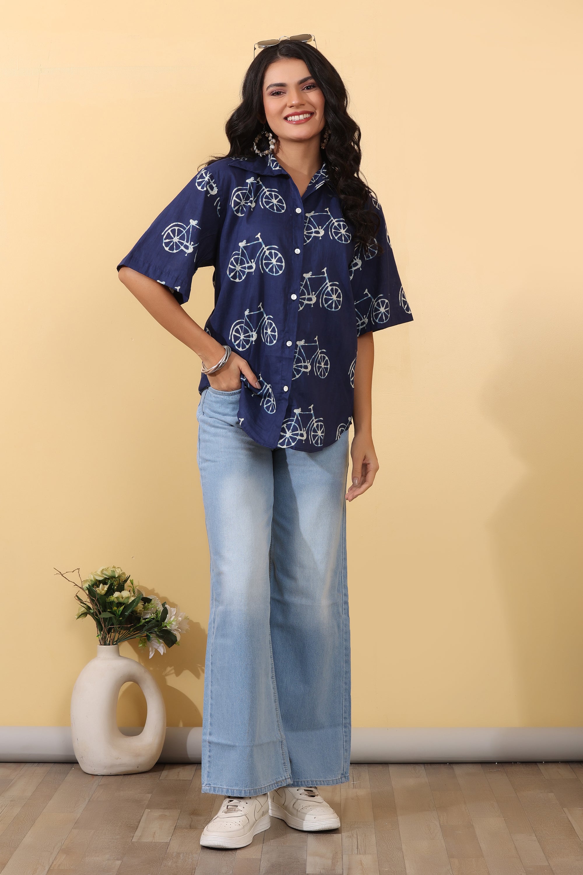Midnight Rider Oversized Shirt for Women | Navy Blue Printed Casual Shirt