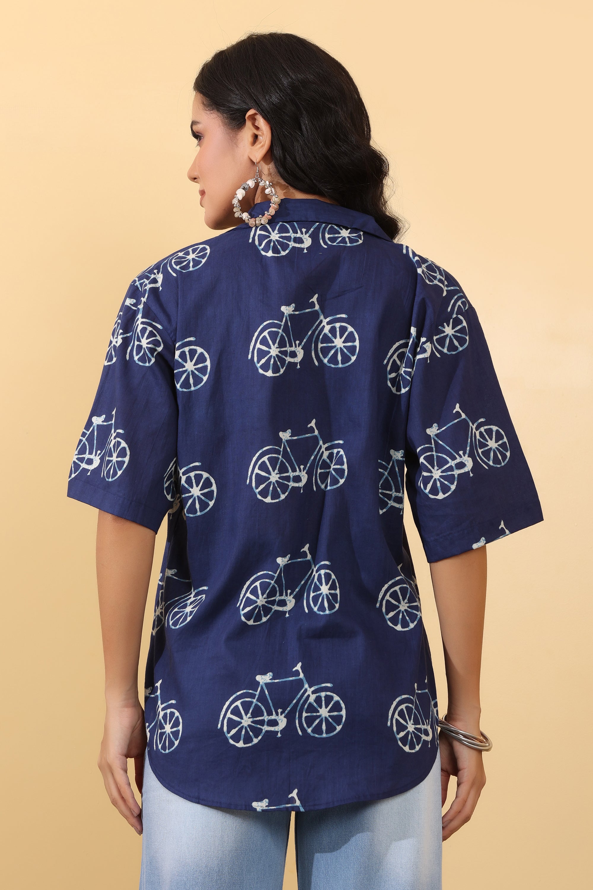 Midnight Rider Oversized Shirt for Women | Navy Blue Printed Casual Shirt