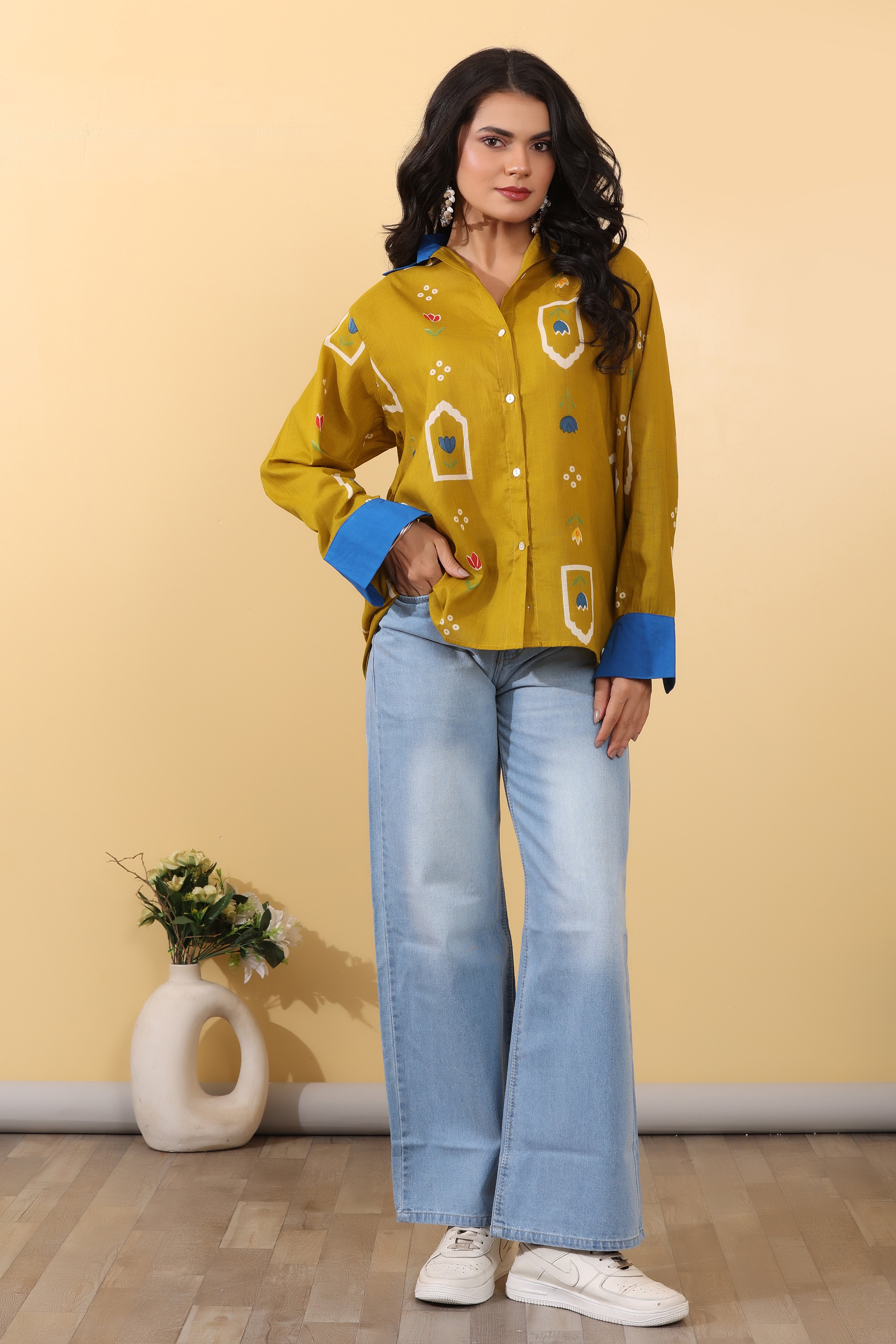 Sunshine Floral Shirt for Women | Mustard Printed Casual Oversized Shirt